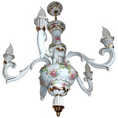 Retro French Limoges Style Pink Porcelain Flowers and Leaves Gilt Chandelier