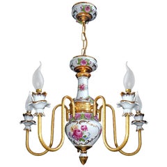 Vintage French Limoges Style Pink Porcelain Flowers and Leaves Gilt Chandelier