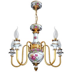 Gilt Mid-century French Limoges Style Chandelier Pink Porcelain Flowers & Leaves