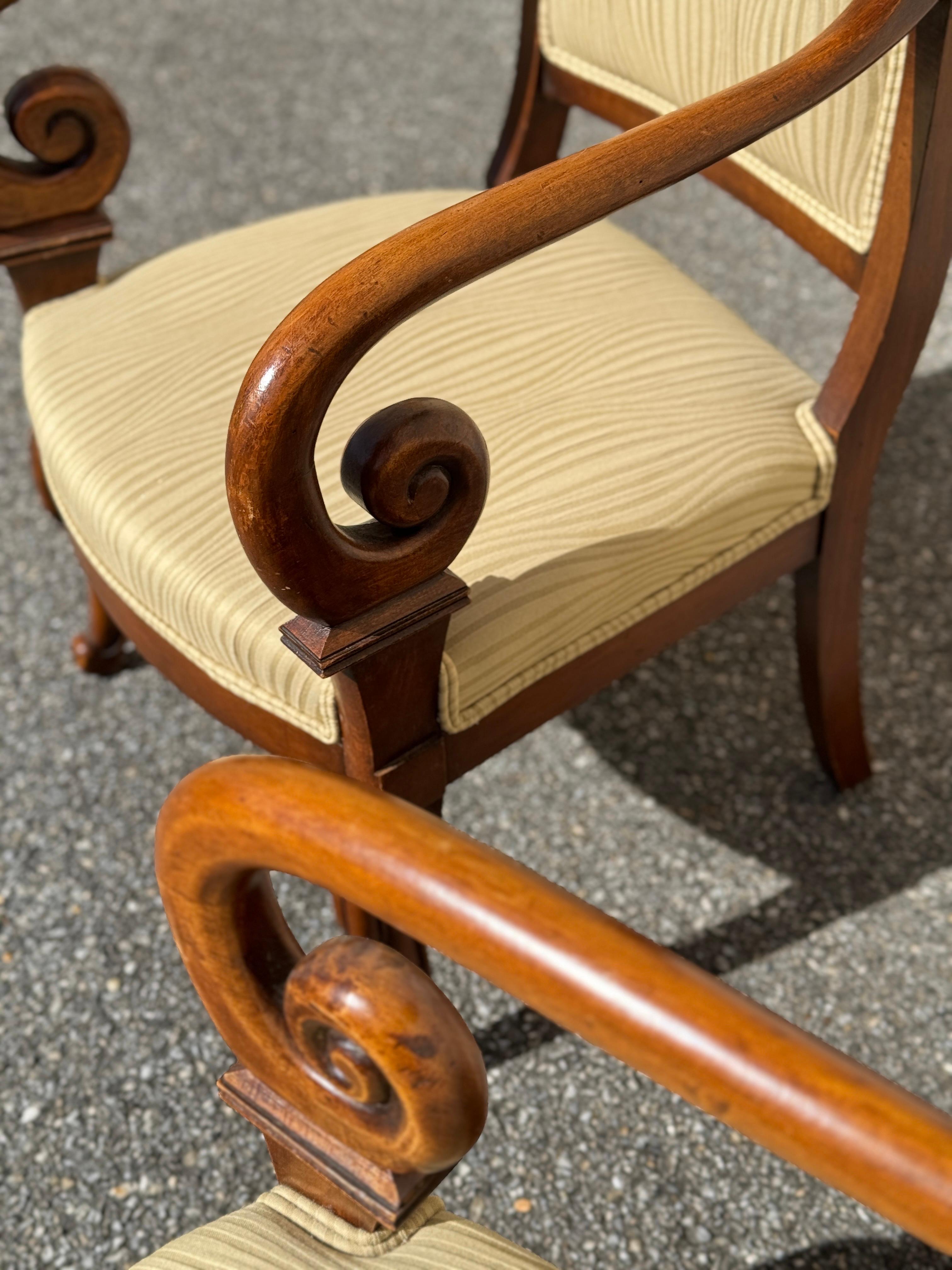 Vintage French Louis Philippe Mahogany Scroll Form Fauteuil Armchairs For Sale 4