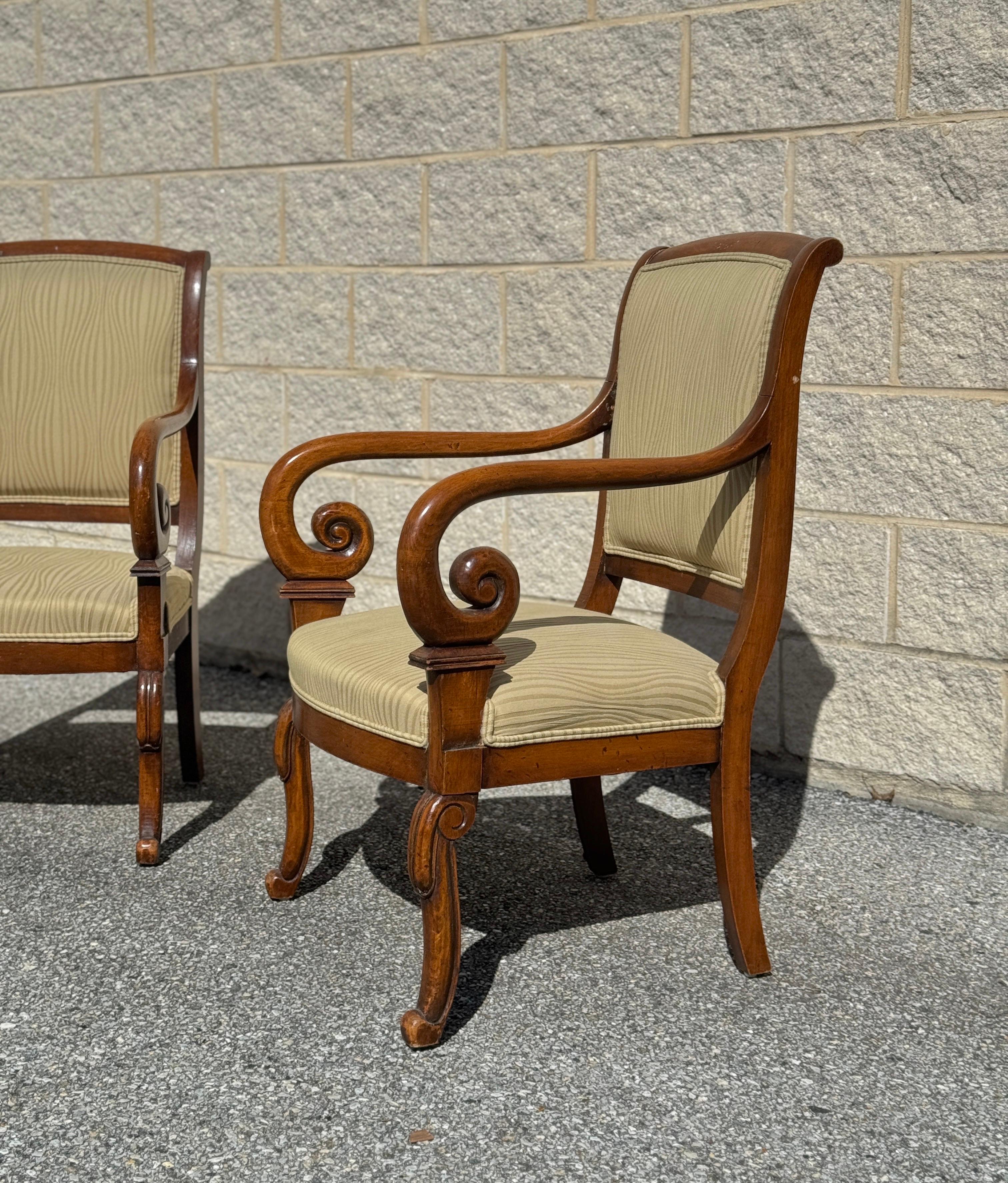 French Provincial Vintage French Louis Philippe Mahogany Scroll Form Fauteuil Armchairs For Sale
