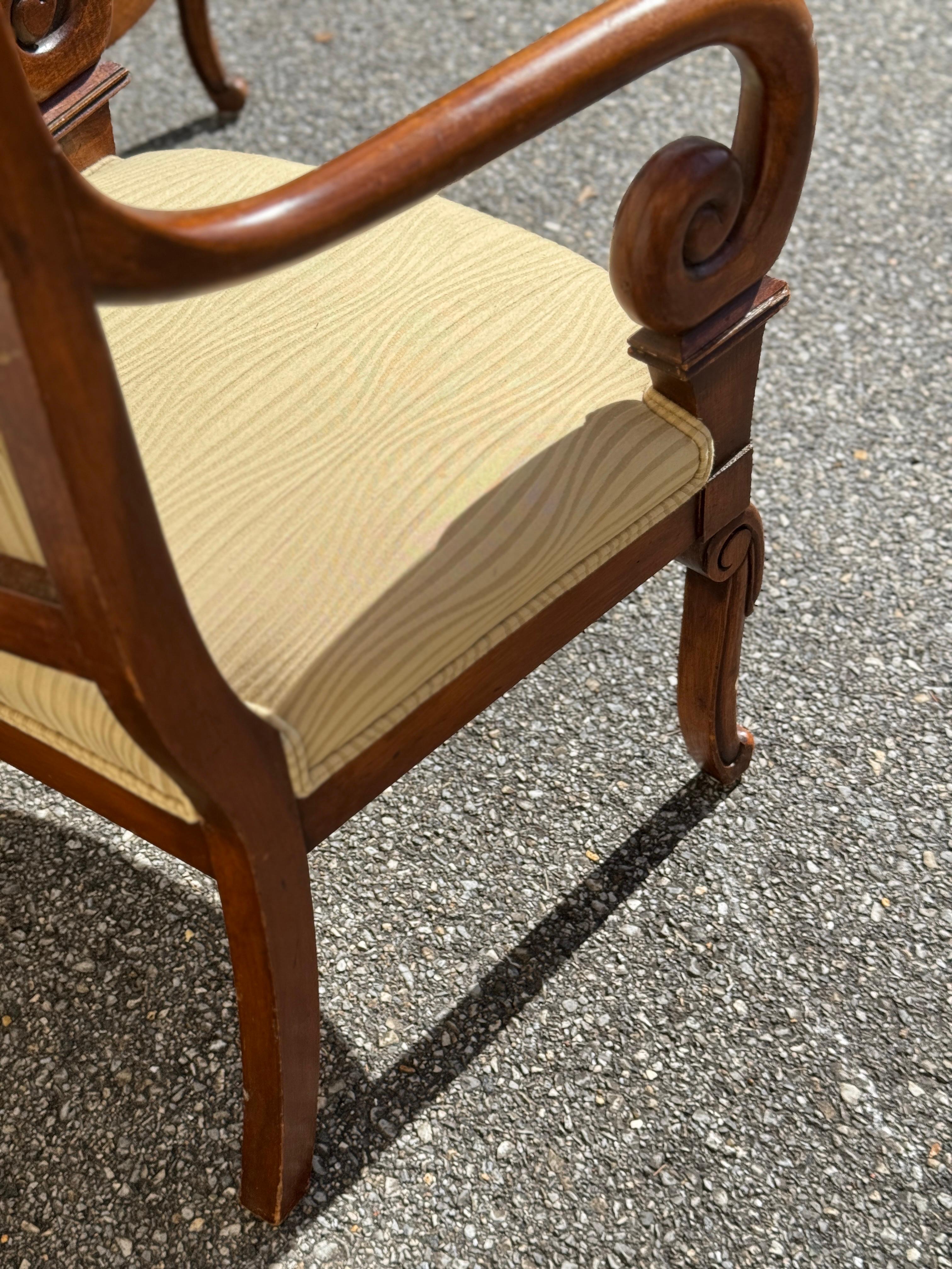 Vintage French Louis Philippe Mahogany Scroll Form Fauteuil Armchairs For Sale 3