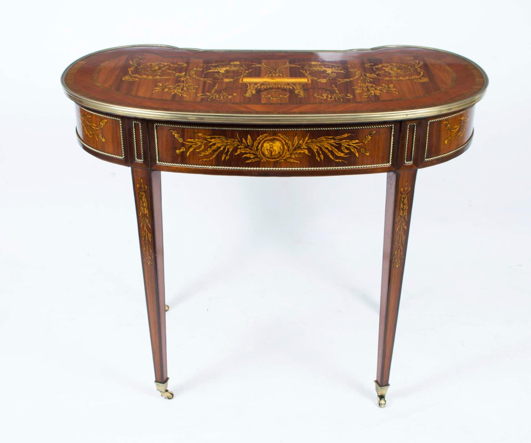 Vintage French Louis Revival Marquetry Kidney Writing Side Table 20th C 10