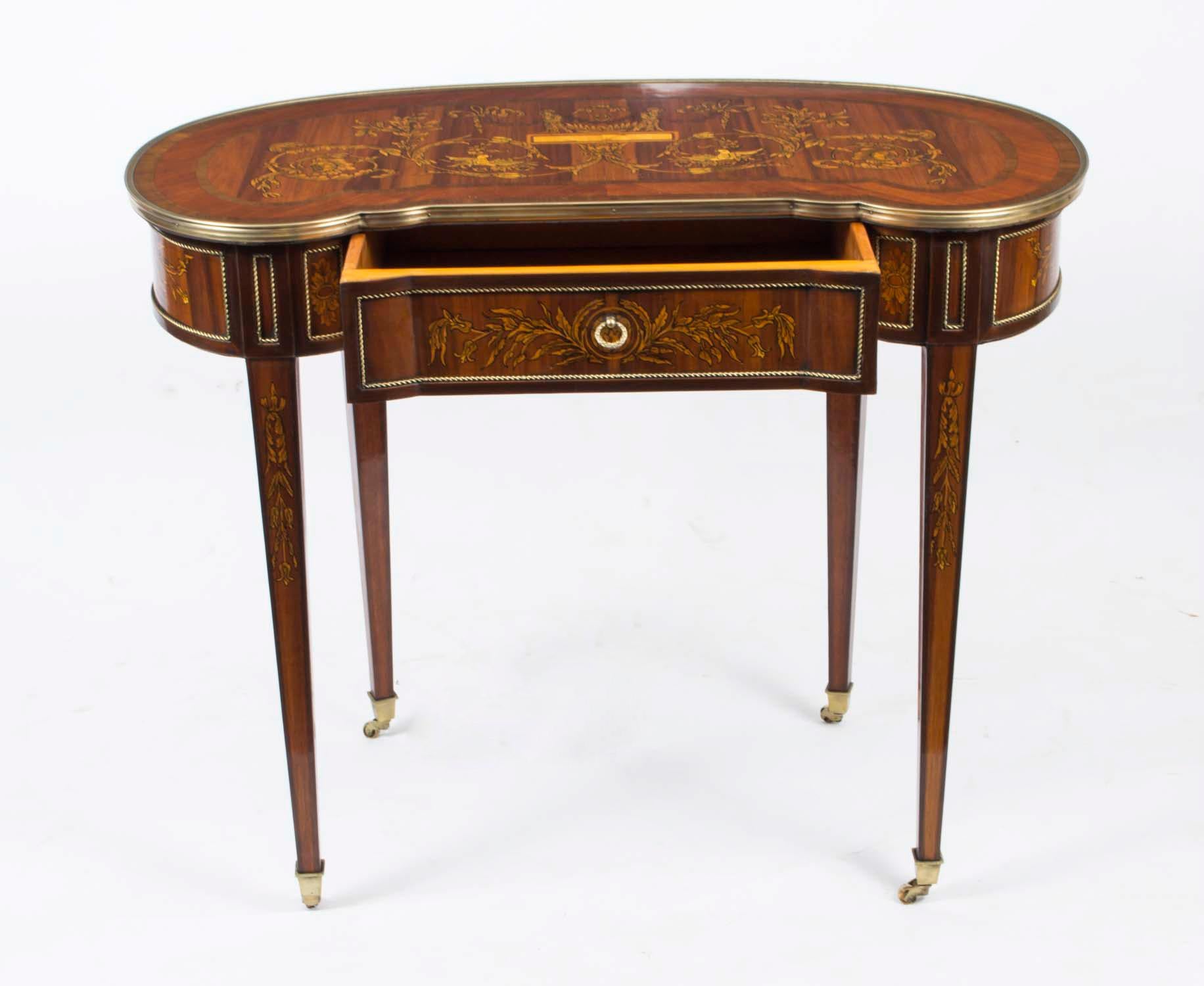 Vintage French Louis Revival Marquetry Kidney Writing Side Table 20th C 4