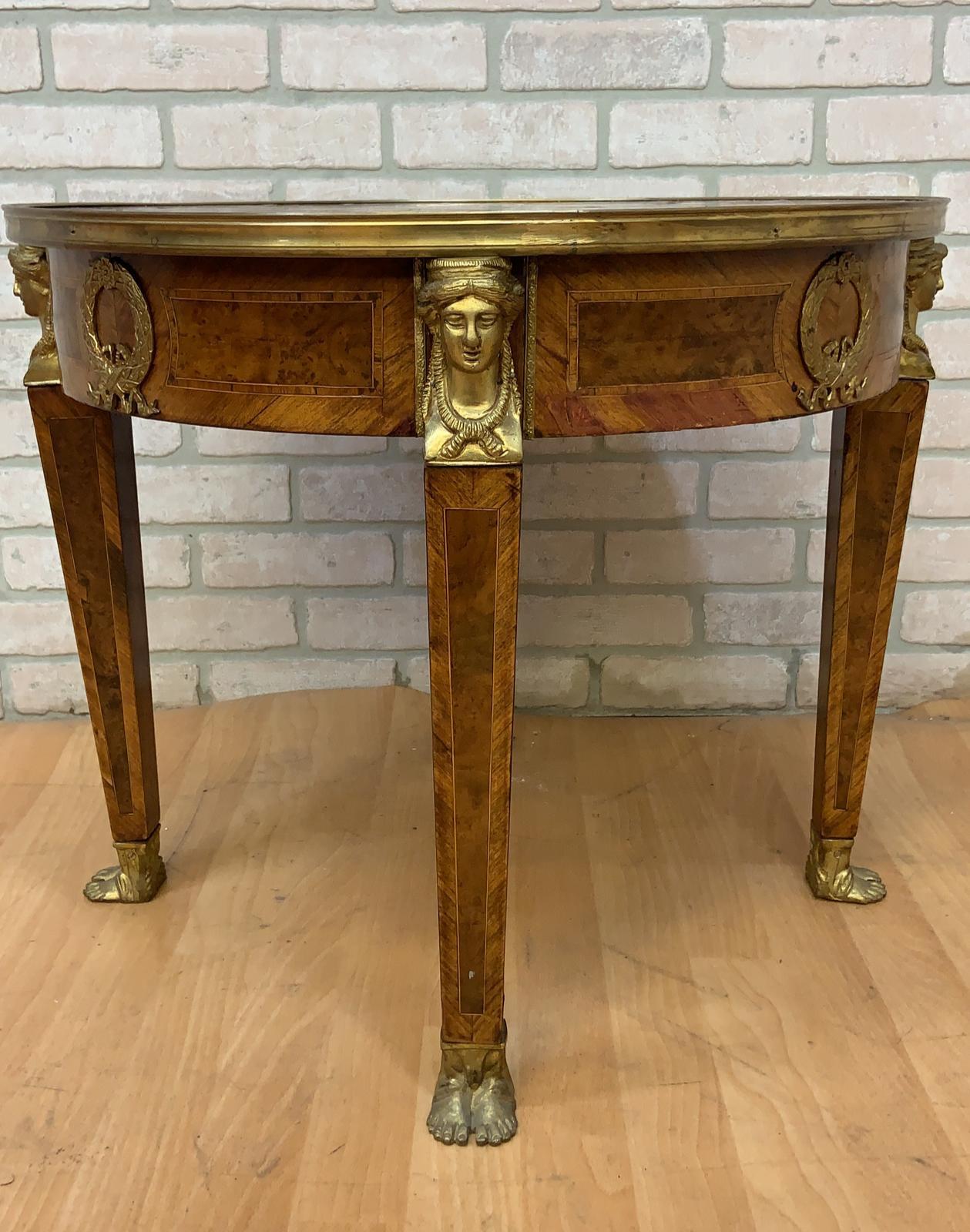 Louis XIV Vintage French Louis Style Burled Walnut Brass Figural Ormolu Mounted Side Table