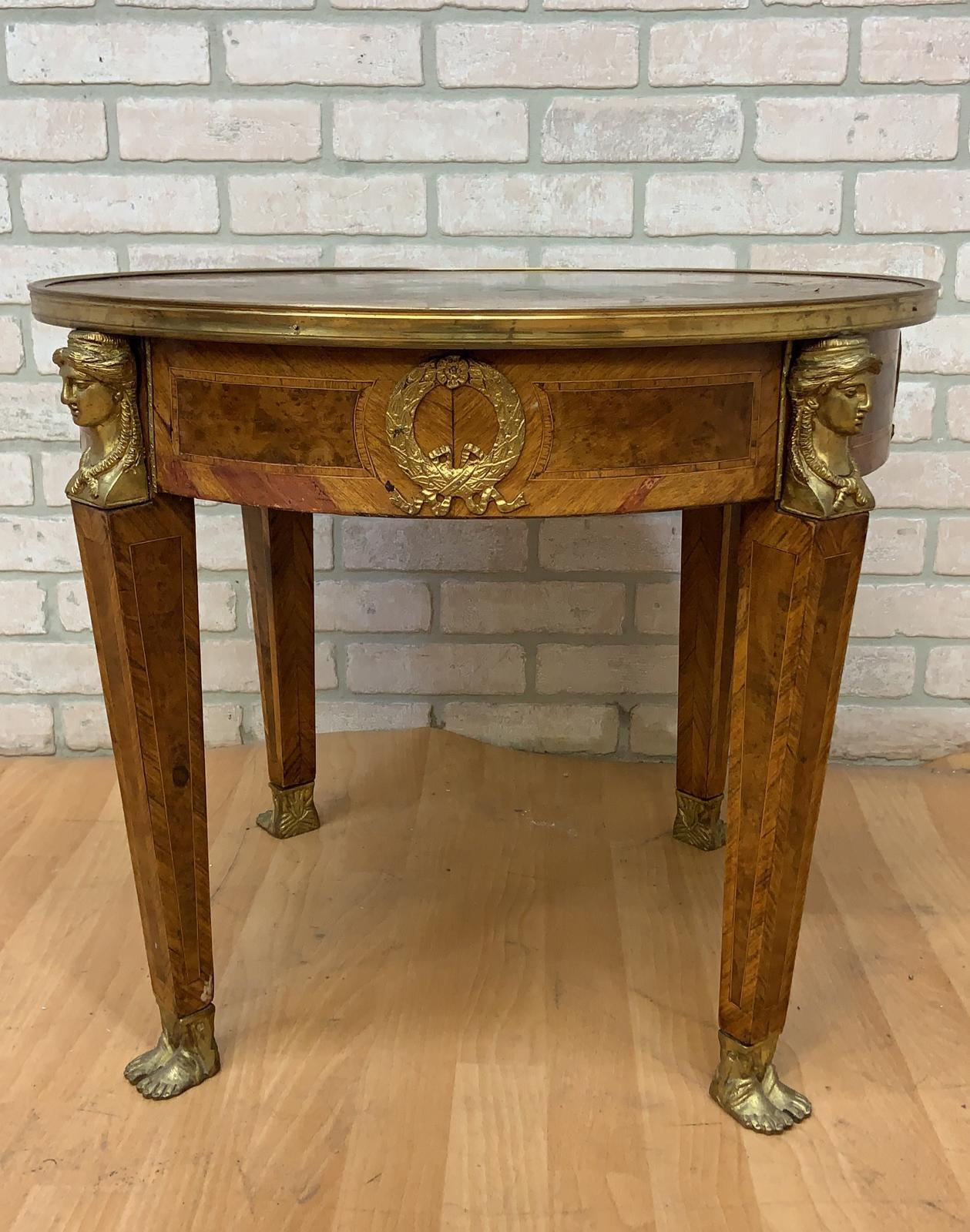 Vintage French Louis Style Burled Walnut Brass Figural Ormolu Mounted Side Table 1