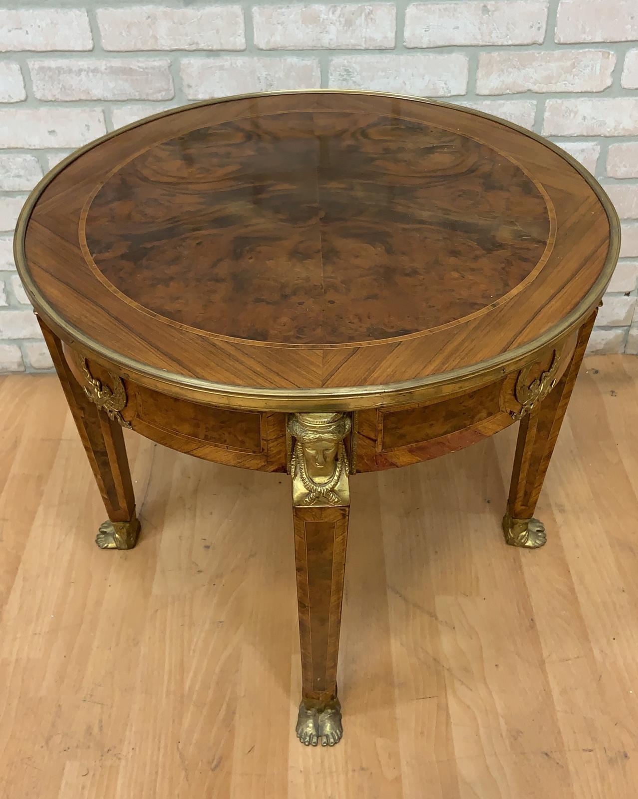 Vintage French Louis Style Burled Walnut Brass Figural Ormolu Mounted Side Table 3