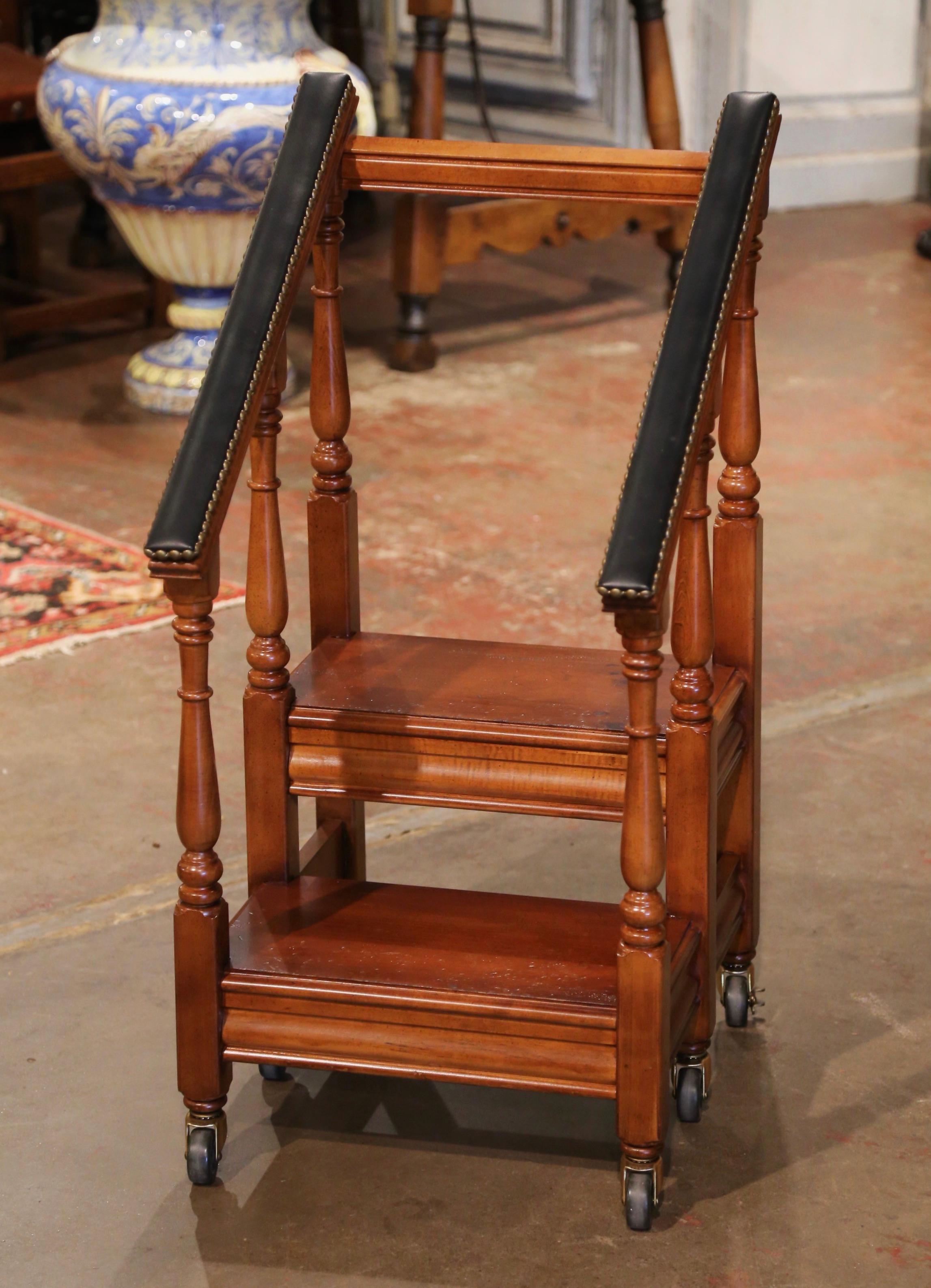 Hand-Carved Vintage French Louis XIII Carved Walnut & Leather Library Step Ladder on Wheels
