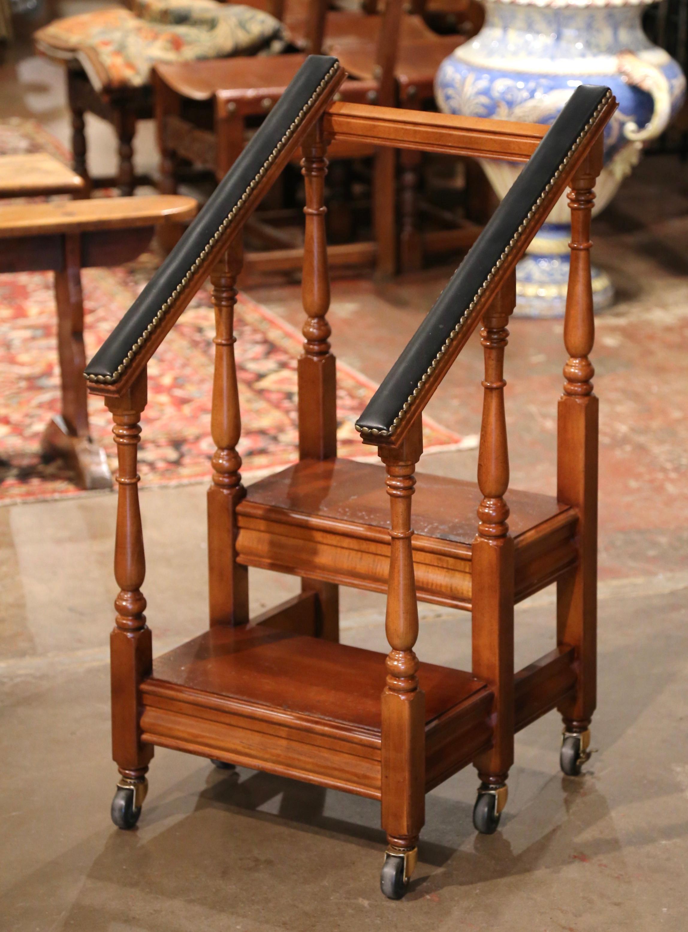 20th Century Vintage French Louis XIII Carved Walnut & Leather Library Step Ladder on Wheels