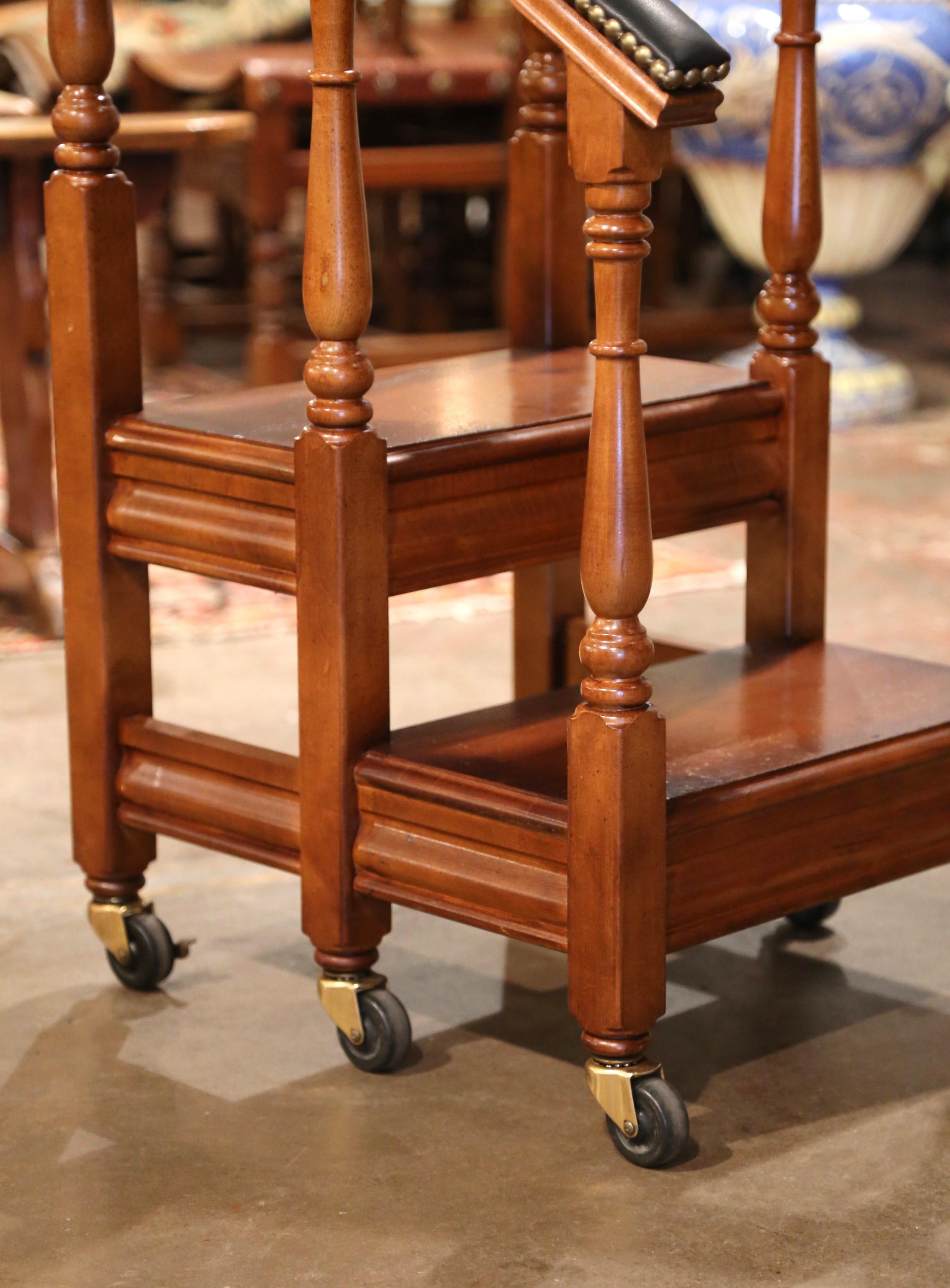 Vintage French Louis XIII Carved Walnut & Leather Library Step Ladder on Wheels 3