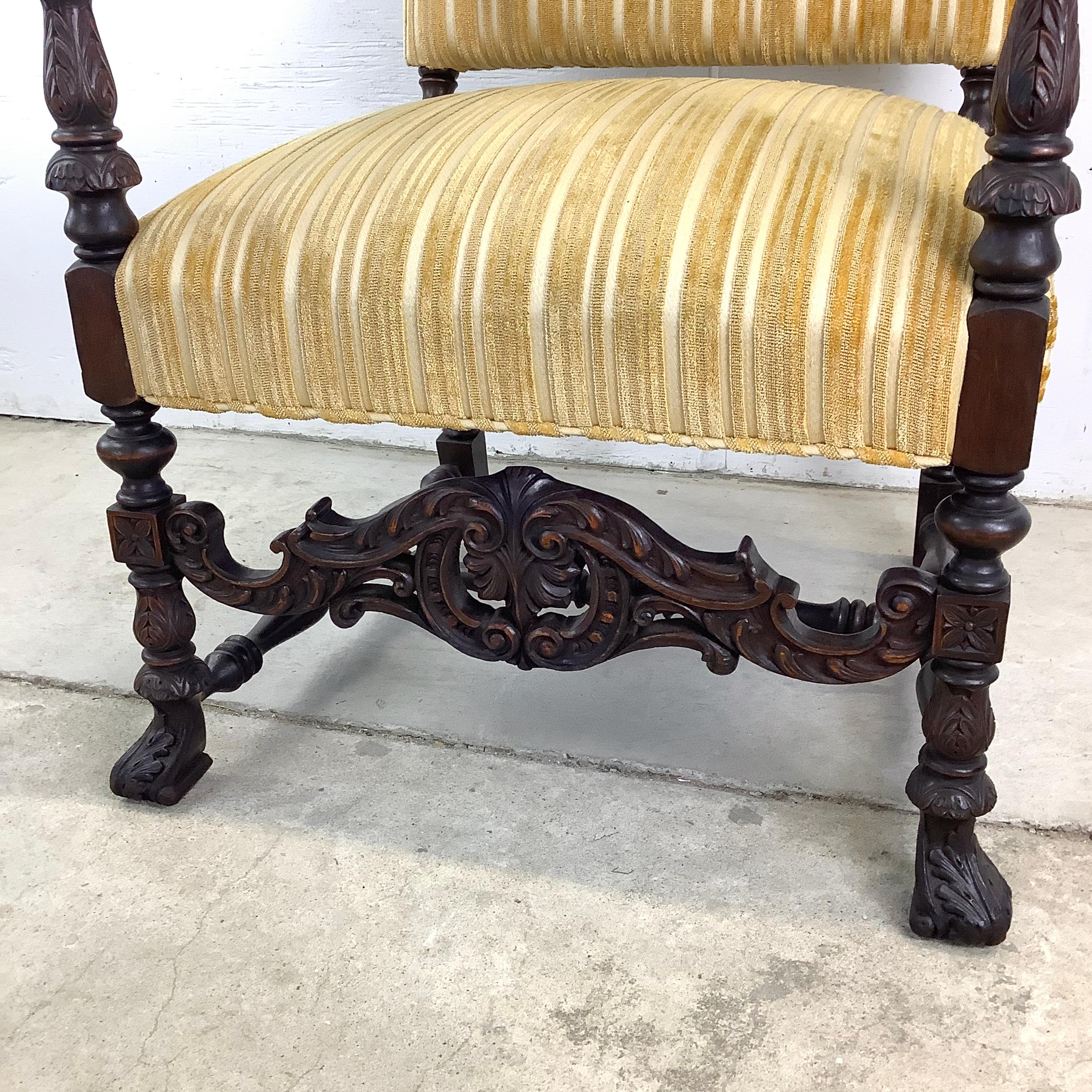 Vintage French Louis XIV Armchair – Ornate Carvings & Turned Leg Stretchers 9