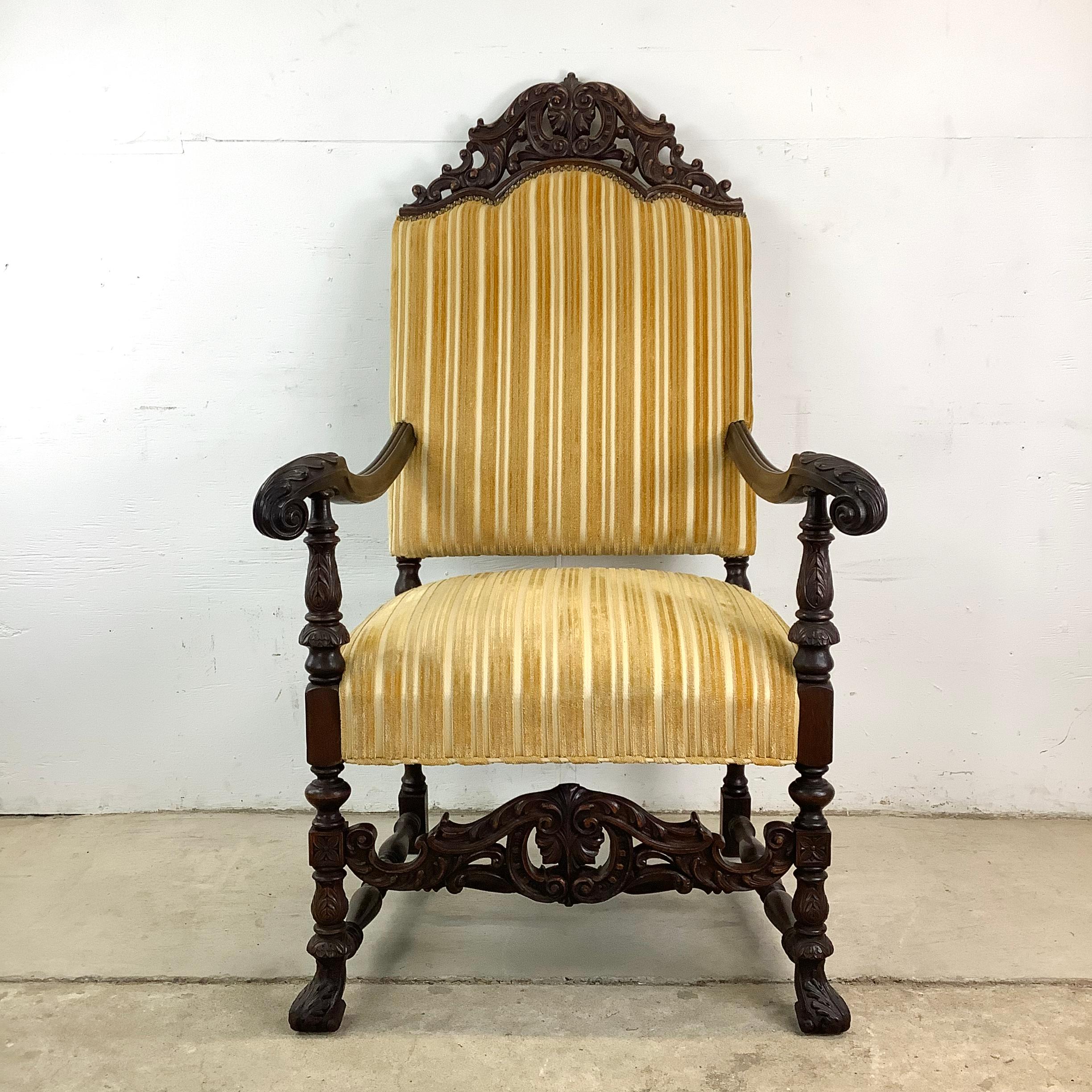 Drawing inspiration from the lavish interiors of the French monarchy, this Louis XIV-style armchair encapsulates the timeless appeal of aristocratic design. Its oversized frame and detailed carvings make it a visually striking addition to any