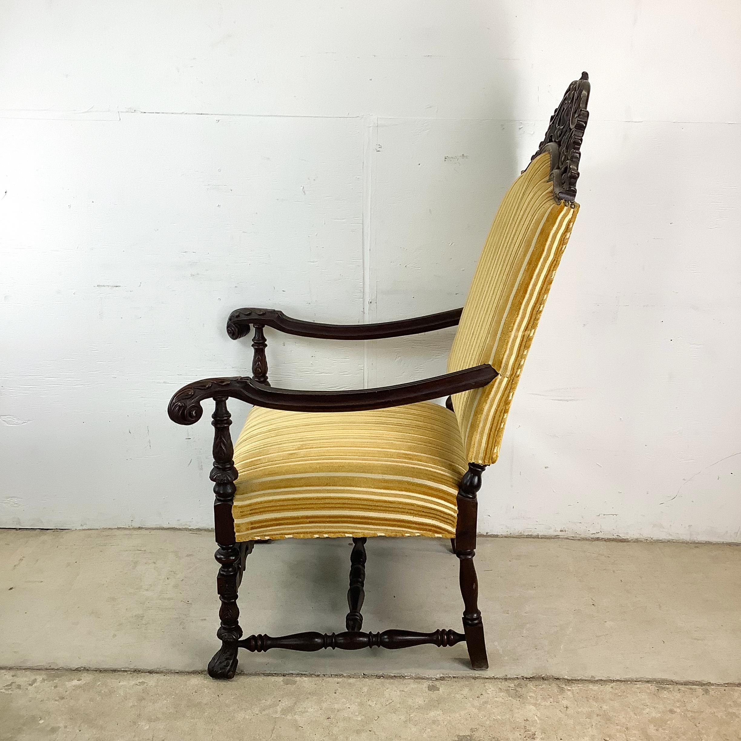 20th Century Vintage French Louis XIV Armchair – Ornate Carvings & Turned Leg Stretchers