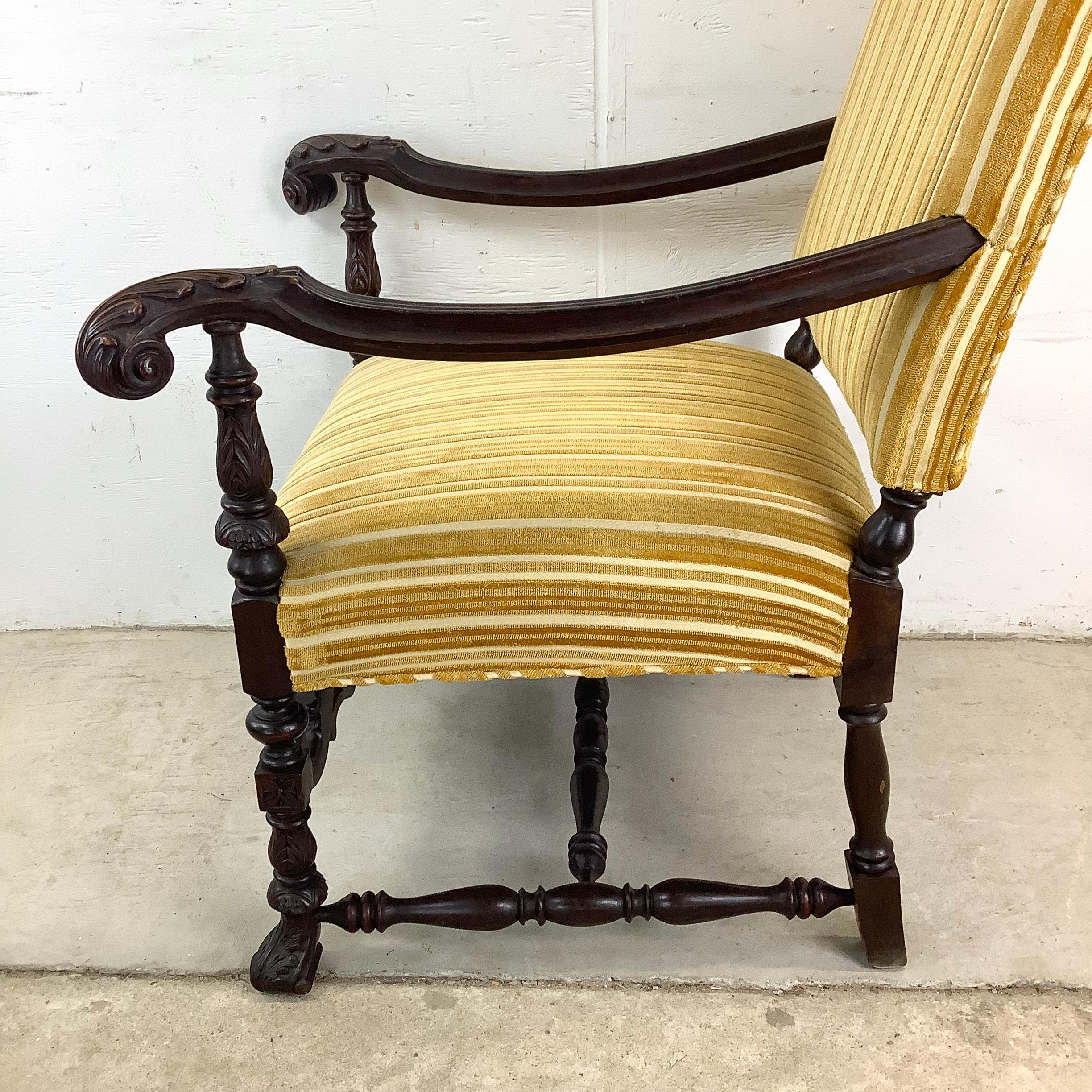 Fabric Vintage French Louis XIV Armchair – Ornate Carvings & Turned Leg Stretchers
