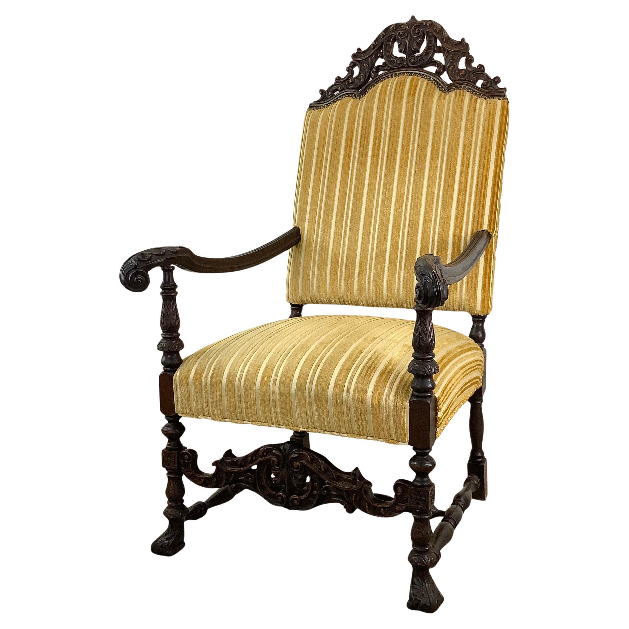 Vintage French Louis XIV Armchair – Ornate Carvings & Turned Leg Stretchers