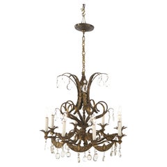 Antique French Louis XIV Style Bronze & Crystal Eight-Light Chandelier C1930