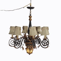 Vintage French Louis XIV Style Figural Cherub Gilt & Ebonized Chandelier c1940