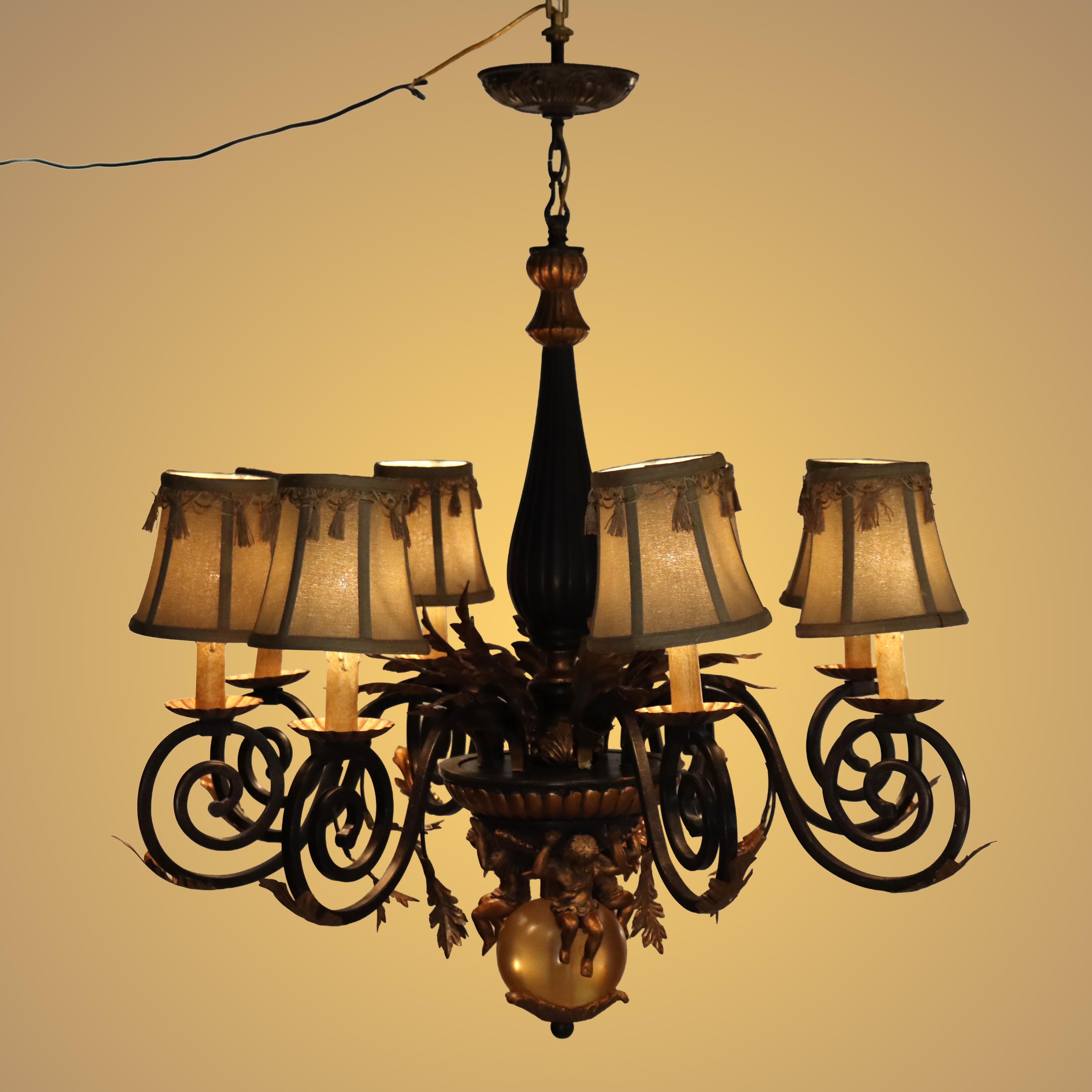 Vintage Französisch Louis XIV Stil Figural Cherub vergoldet & Ebonized Kronleuchter c1940 (Metall) im Angebot