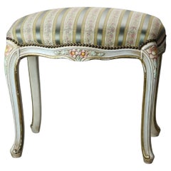 Vintage French Louis XIV Style Polychromed & Upholstered Bench C1940