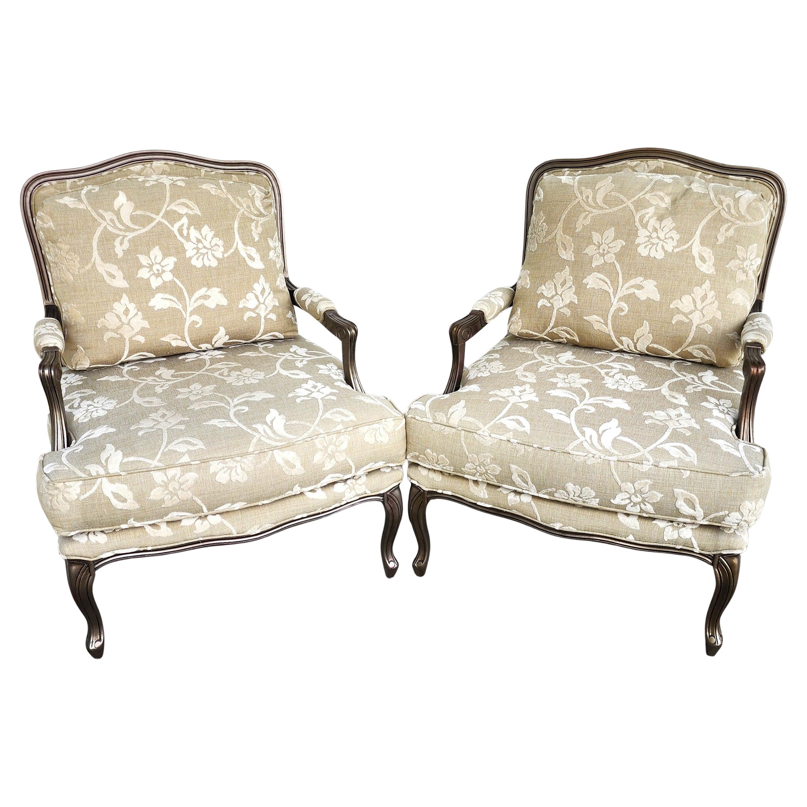 Vintage French Louis XV Armchairs Damask Linen Pair