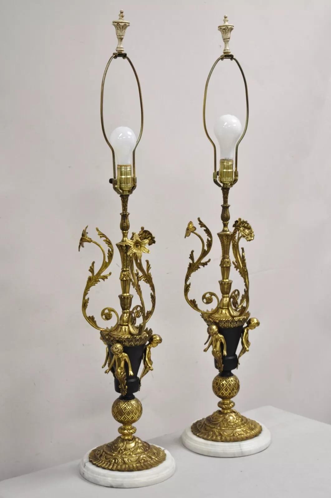 Vintage French Louis XV Brass & Marble Figural Table Lamps w/ Cherubs - a Pair For Sale 5