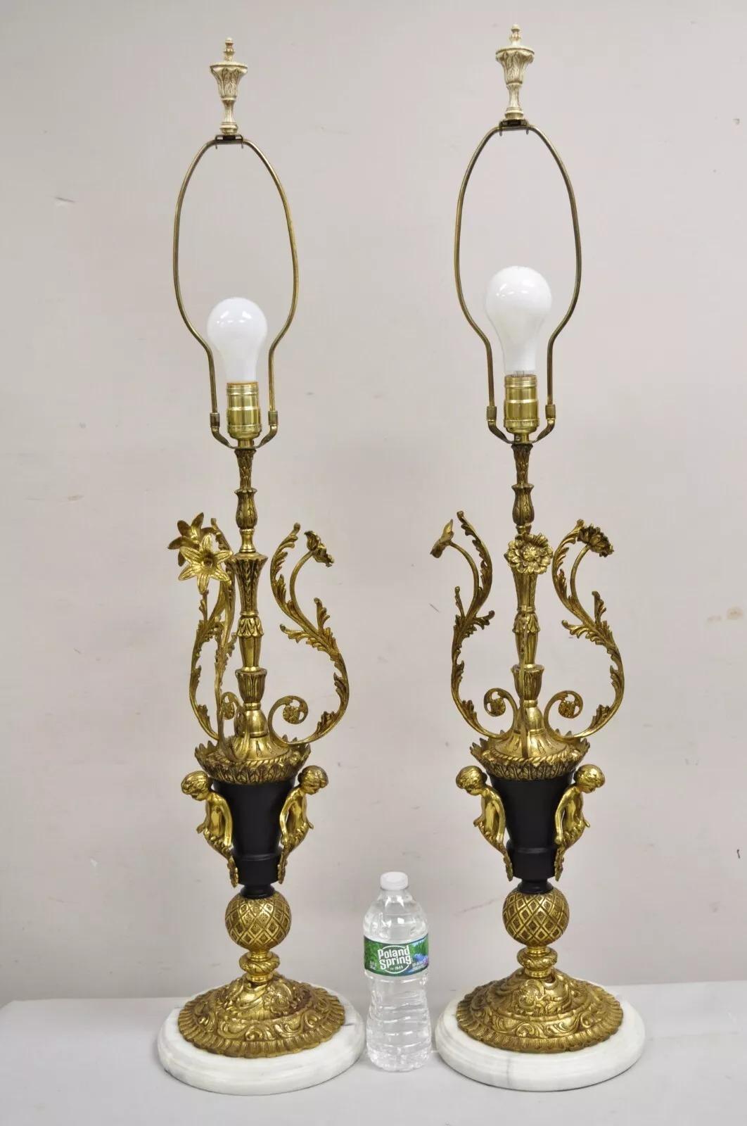 Vintage French Louis XV Brass & Marble Figural Table Lamps w/ Cherubs - a Pair For Sale 6