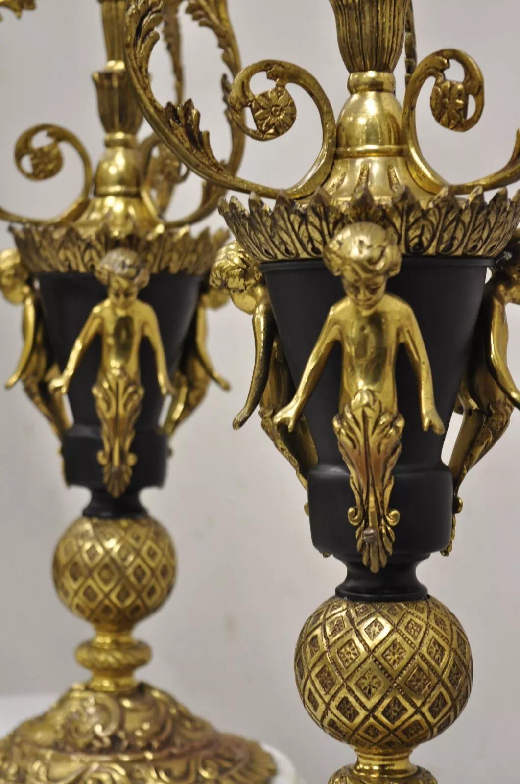 Other Vintage French Louis XV Brass & Marble Figural Table Lamps w/ Cherubs - a Pair For Sale