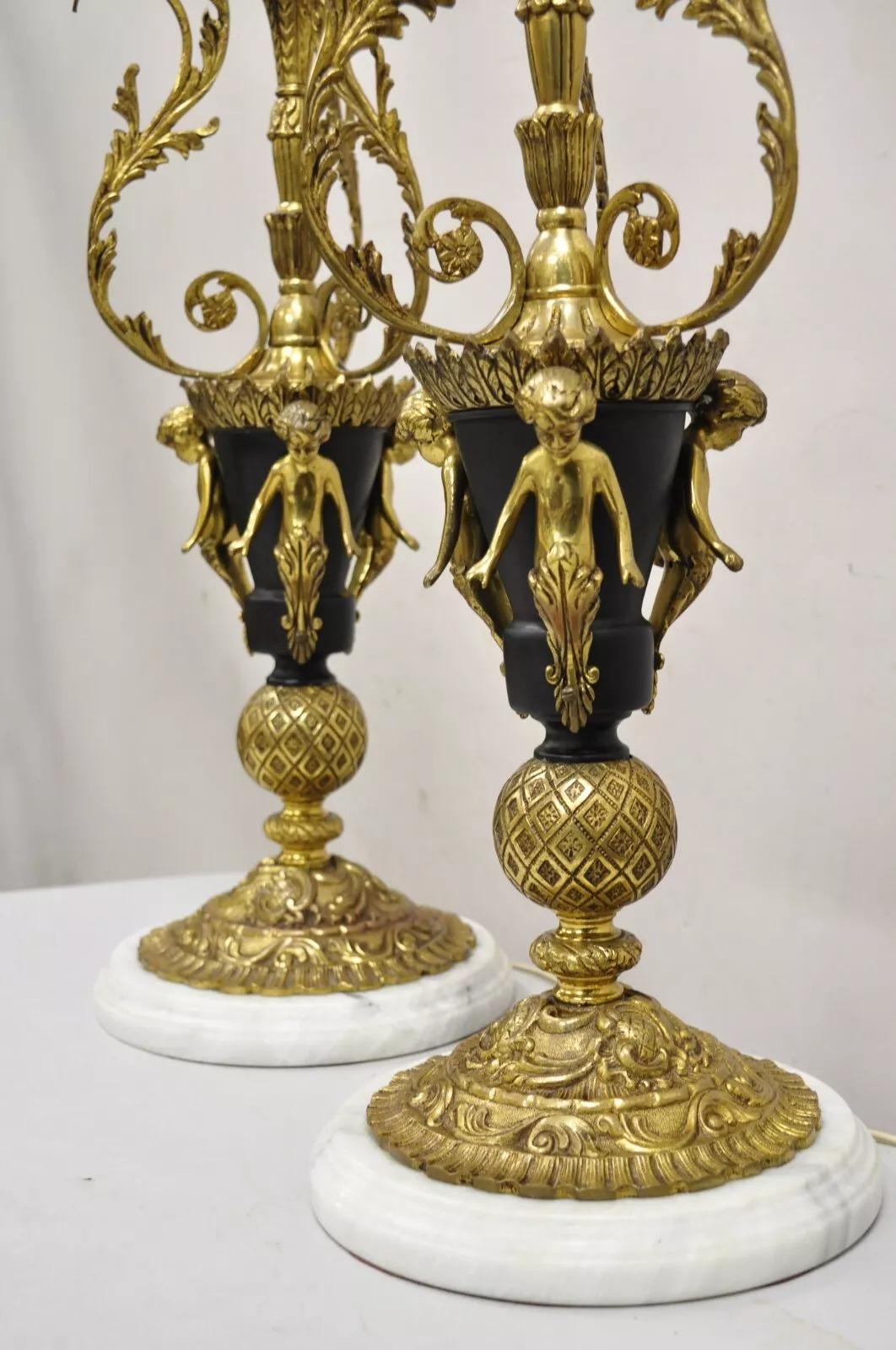 Unknown Vintage French Louis XV Brass & Marble Figural Table Lamps w/ Cherubs - a Pair For Sale