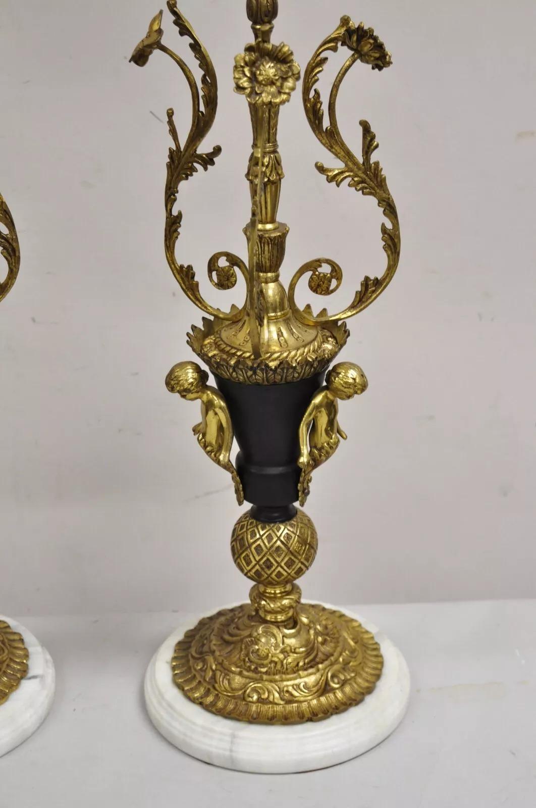 Vintage French Louis XV Brass & Marble Figural Table Lamps w/ Cherubs - a Pair In Good Condition For Sale In Philadelphia, PA