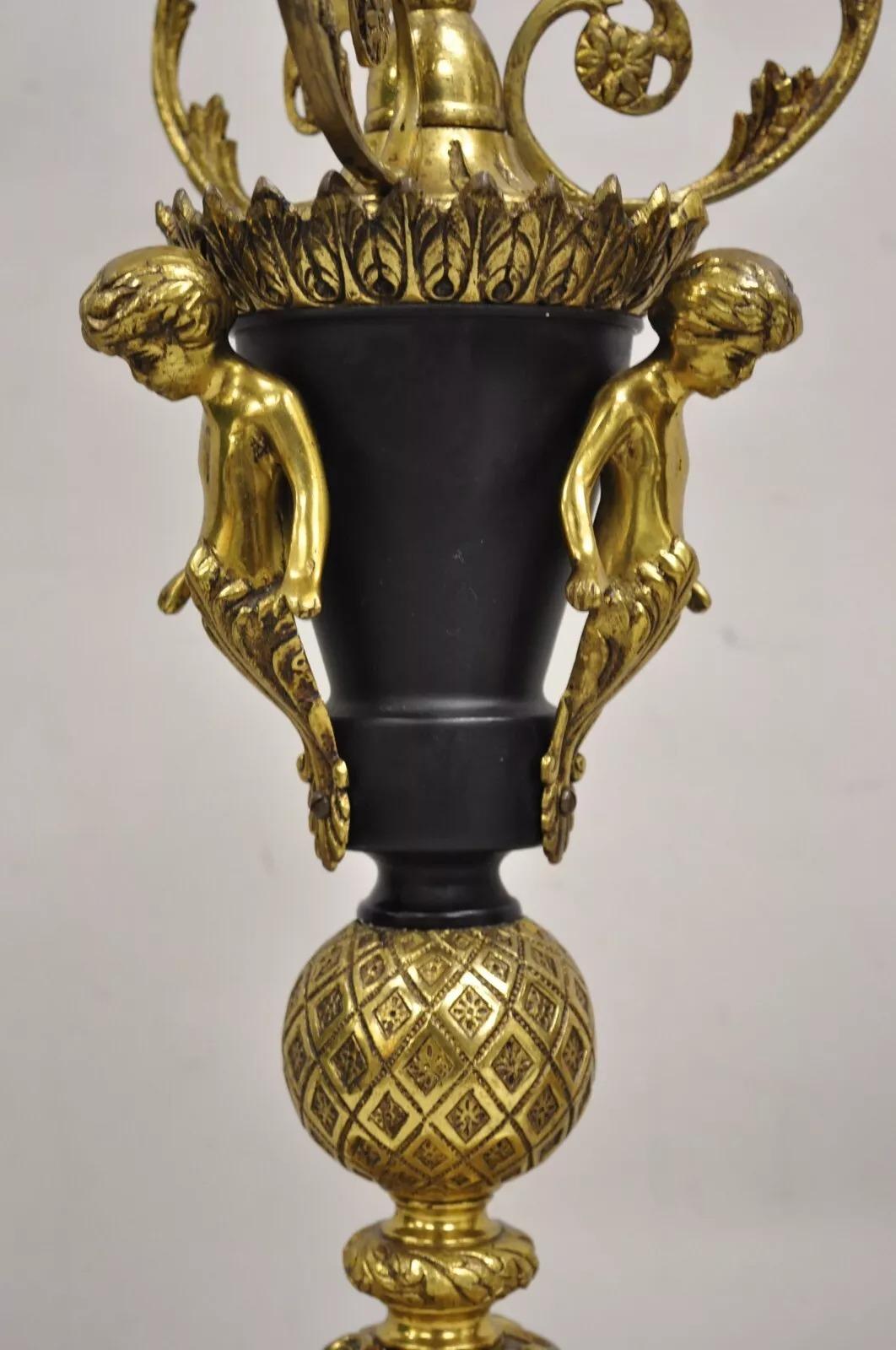 20th Century Vintage French Louis XV Brass & Marble Figural Table Lamps w/ Cherubs - a Pair For Sale