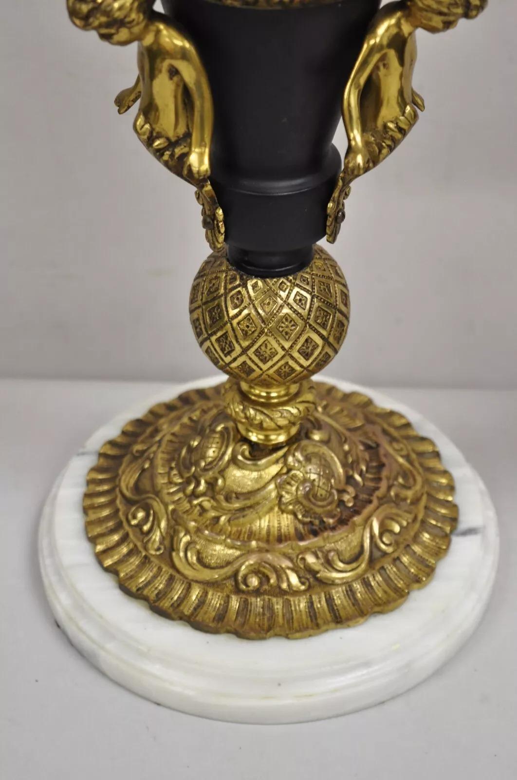 Vintage French Louis XV Brass & Marble Figural Table Lamps w/ Cherubs - a Pair For Sale 1