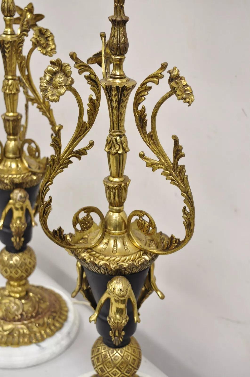 Vintage French Louis XV Brass & Marble Figural Table Lamps w/ Cherubs - a Pair For Sale 3