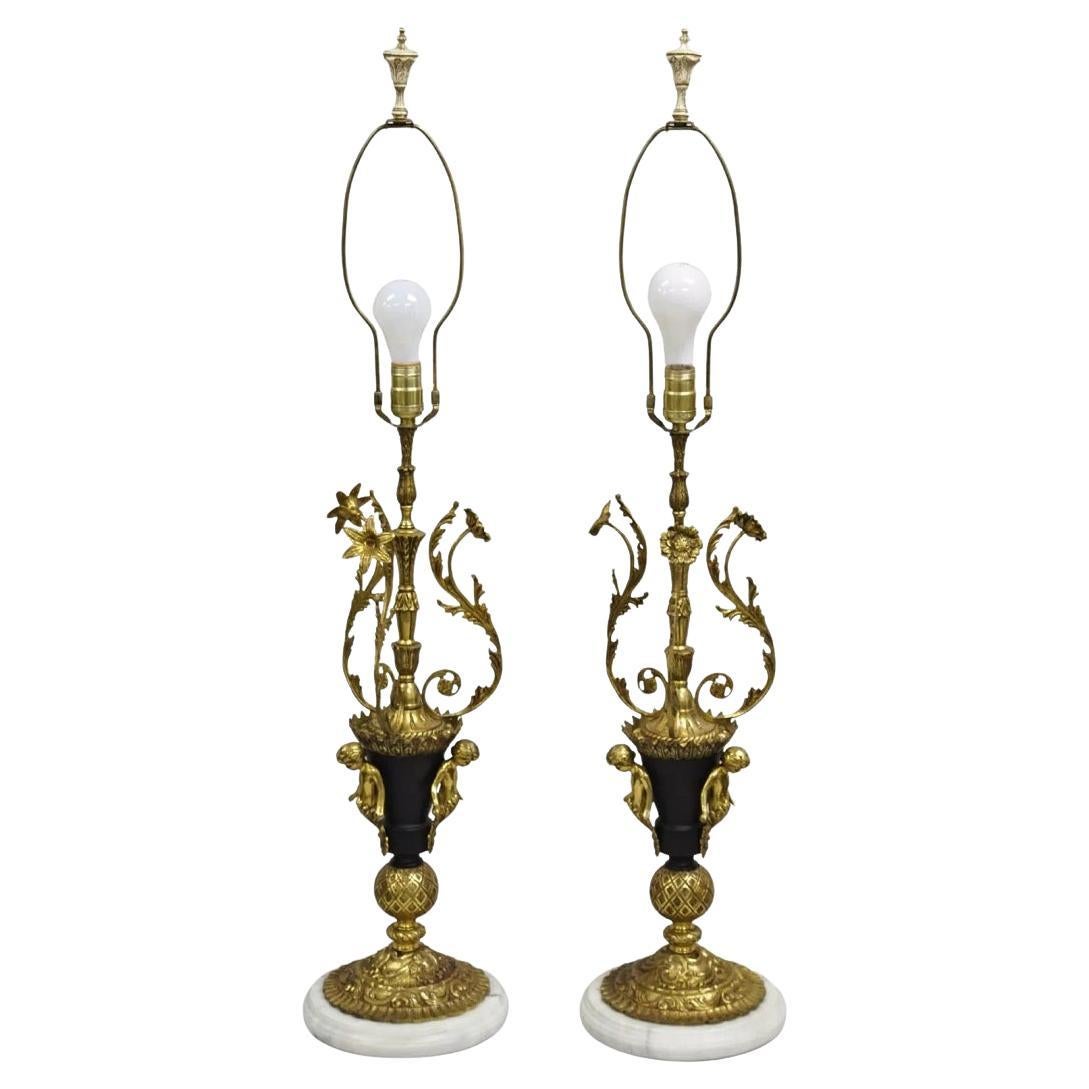 Vintage French Louis XV Brass & Marble Figural Table Lamps w/ Cherubs - a Pair