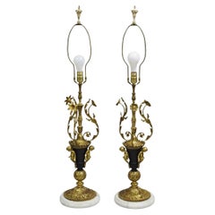 Vintage French Louis XV Brass & Marble Figural Table Lamps w/ Cherubs - a Pair