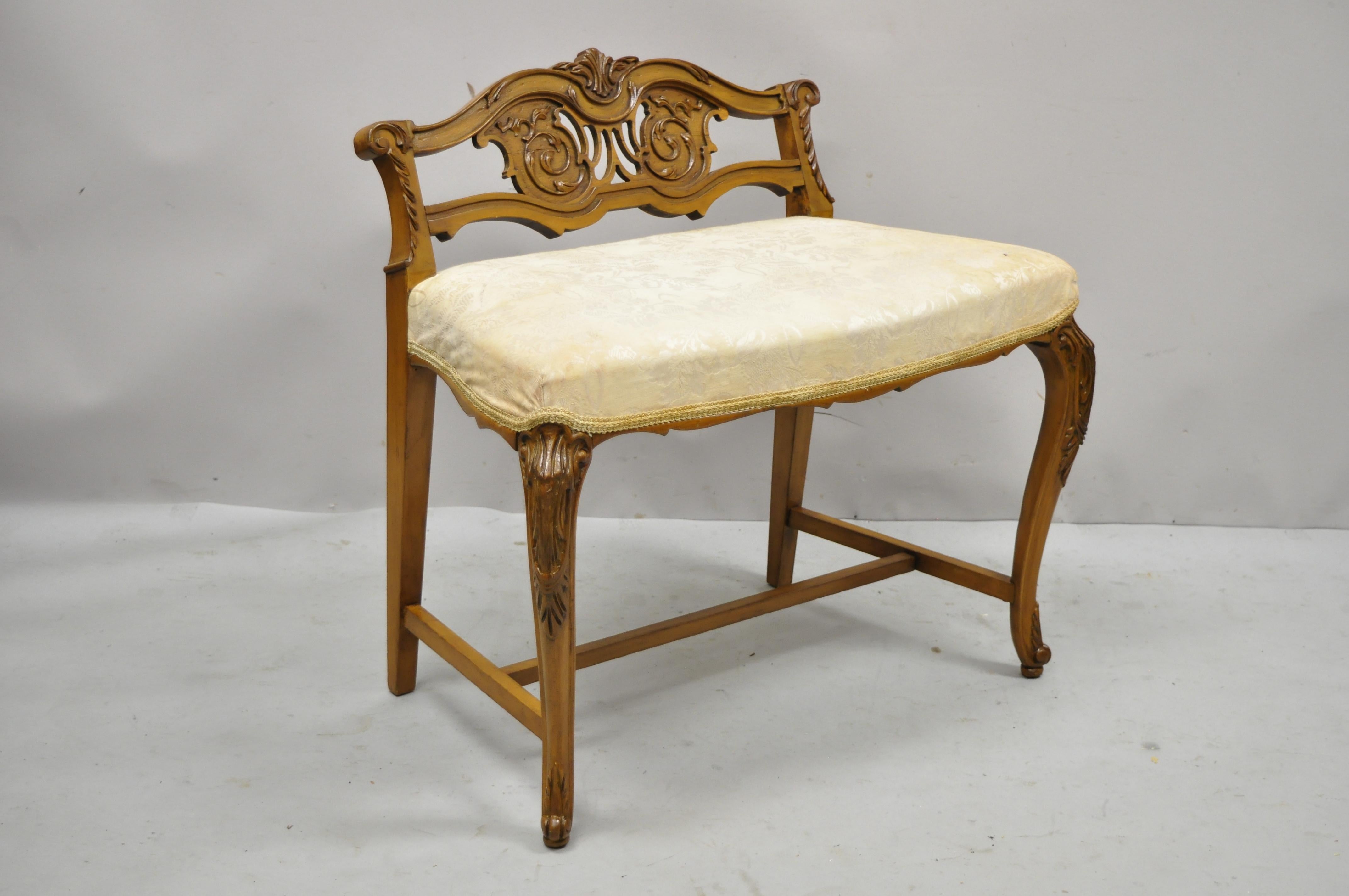 Vintage French Louis XV Carved Mahogany Vanity Bench Chair J.K Rishel Furniture For Sale 2