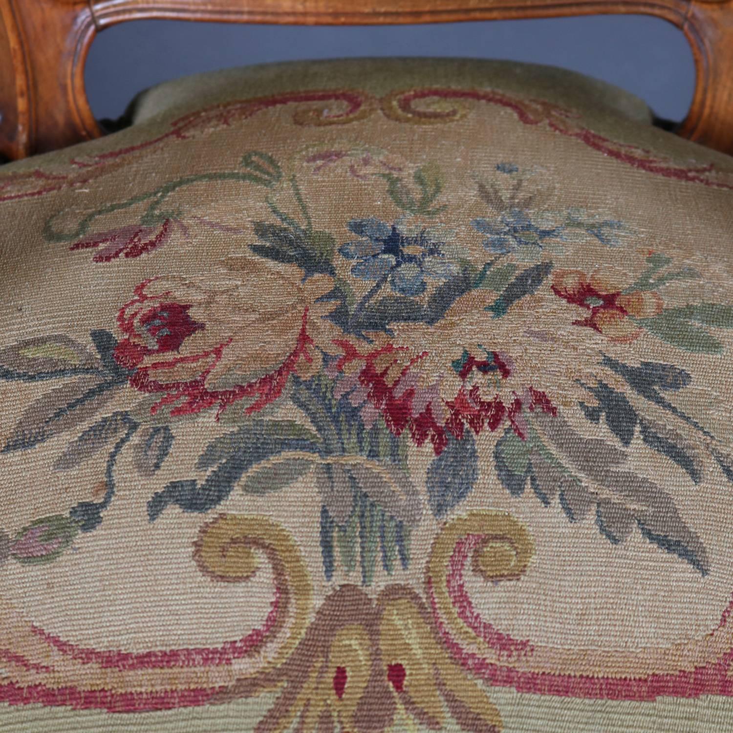 Carved Vintage French Louis XV Classical Style Maple and Tapestry Fauteuil, circa 1900