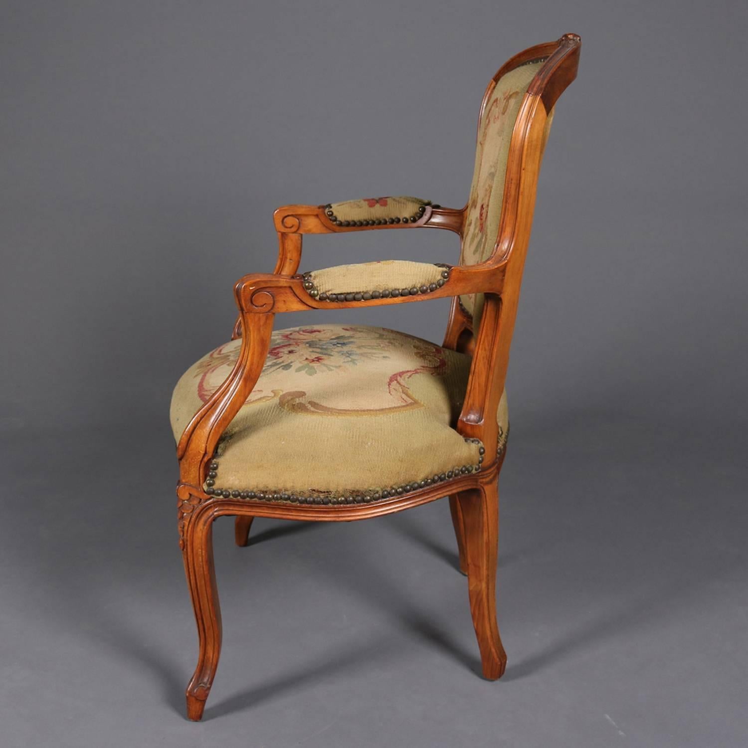 20th Century Vintage French Louis XV Classical Style Maple and Tapestry Fauteuil, circa 1900