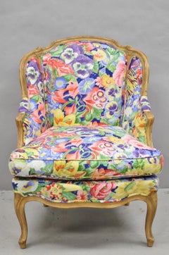 Vintage French Louis XV Country Provincial Floral Chintz Bergere Lounge Chair
