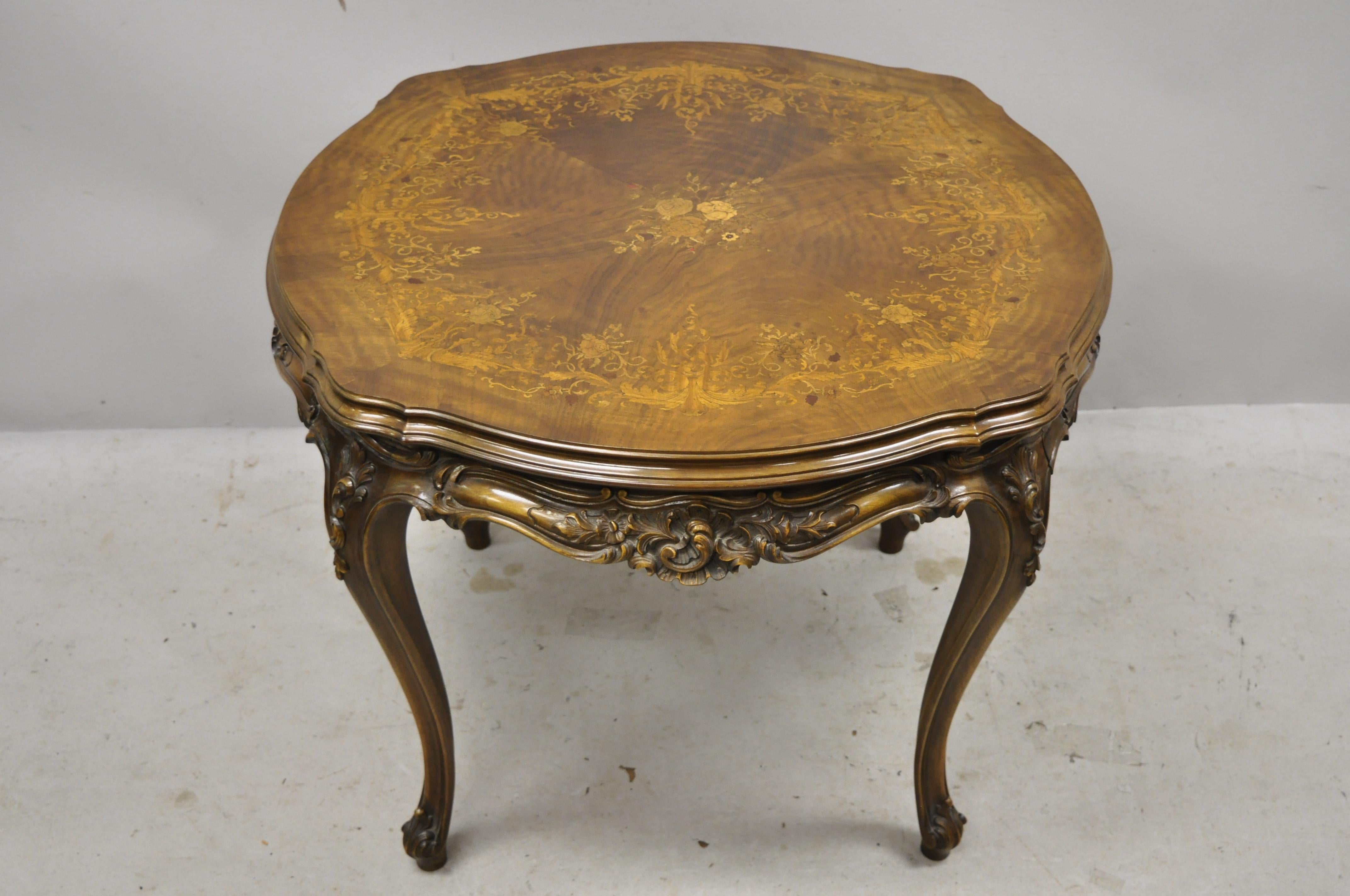 Vintage French Louis XV Floral Satinwood Inlay Round Walnut Coffee Table 6