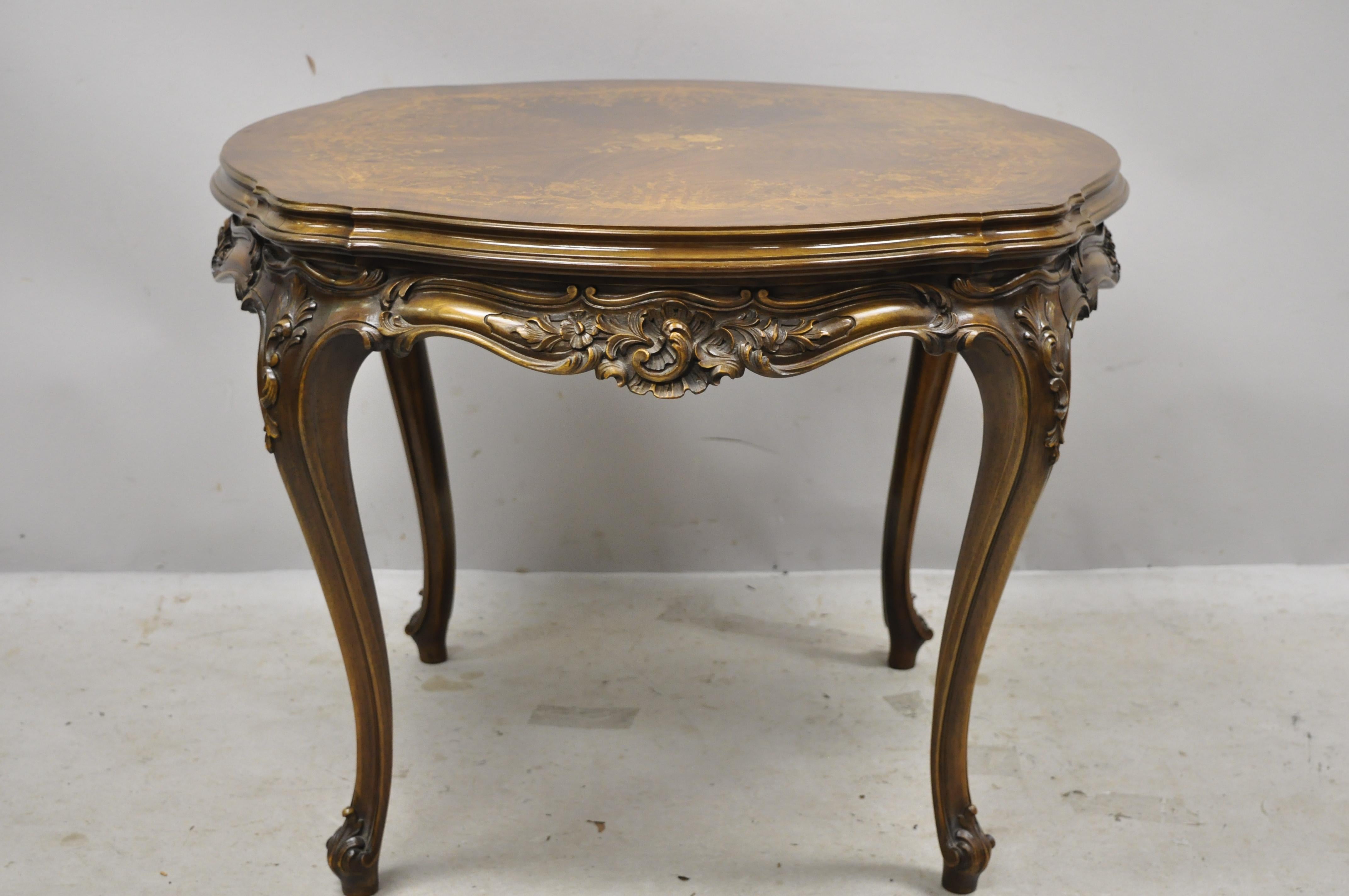 Vintage French Louis XV Floral Satinwood Inlay Round Walnut Coffee Table 7