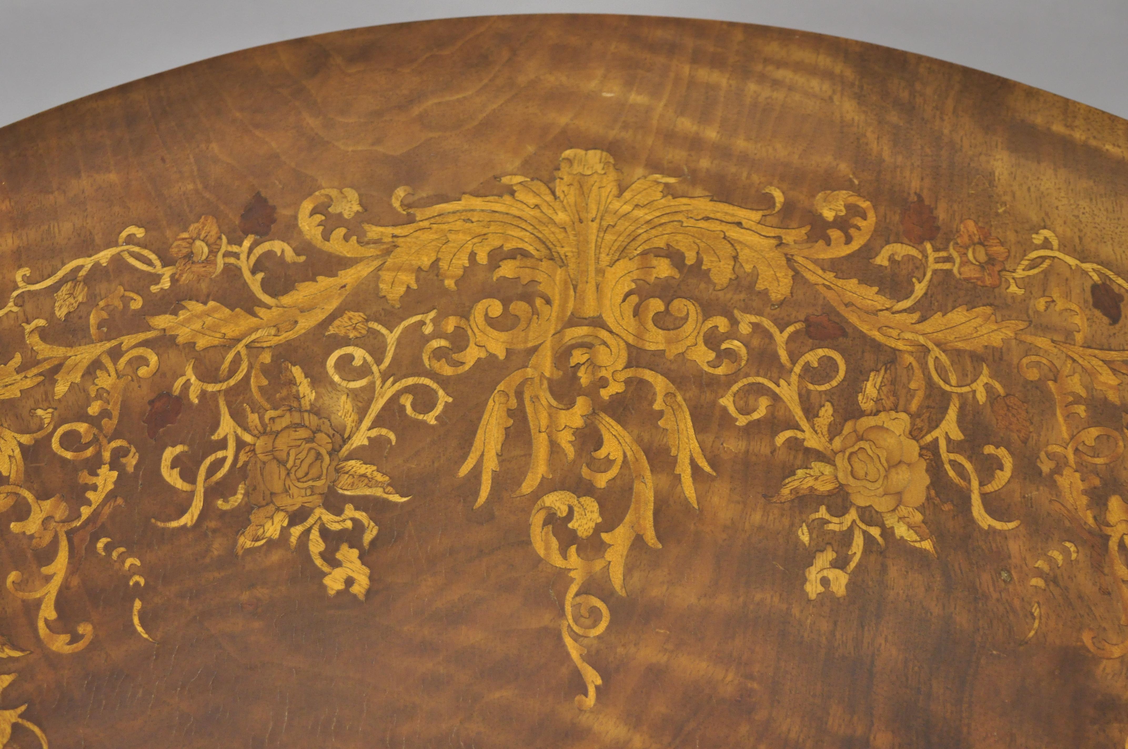 Vintage French Louis XV Floral Satinwood Inlay Round Walnut Coffee Table 2