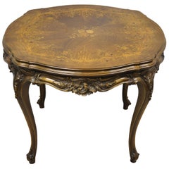 Antique French Louis XV Floral Satinwood Inlay Round Walnut Coffee Table