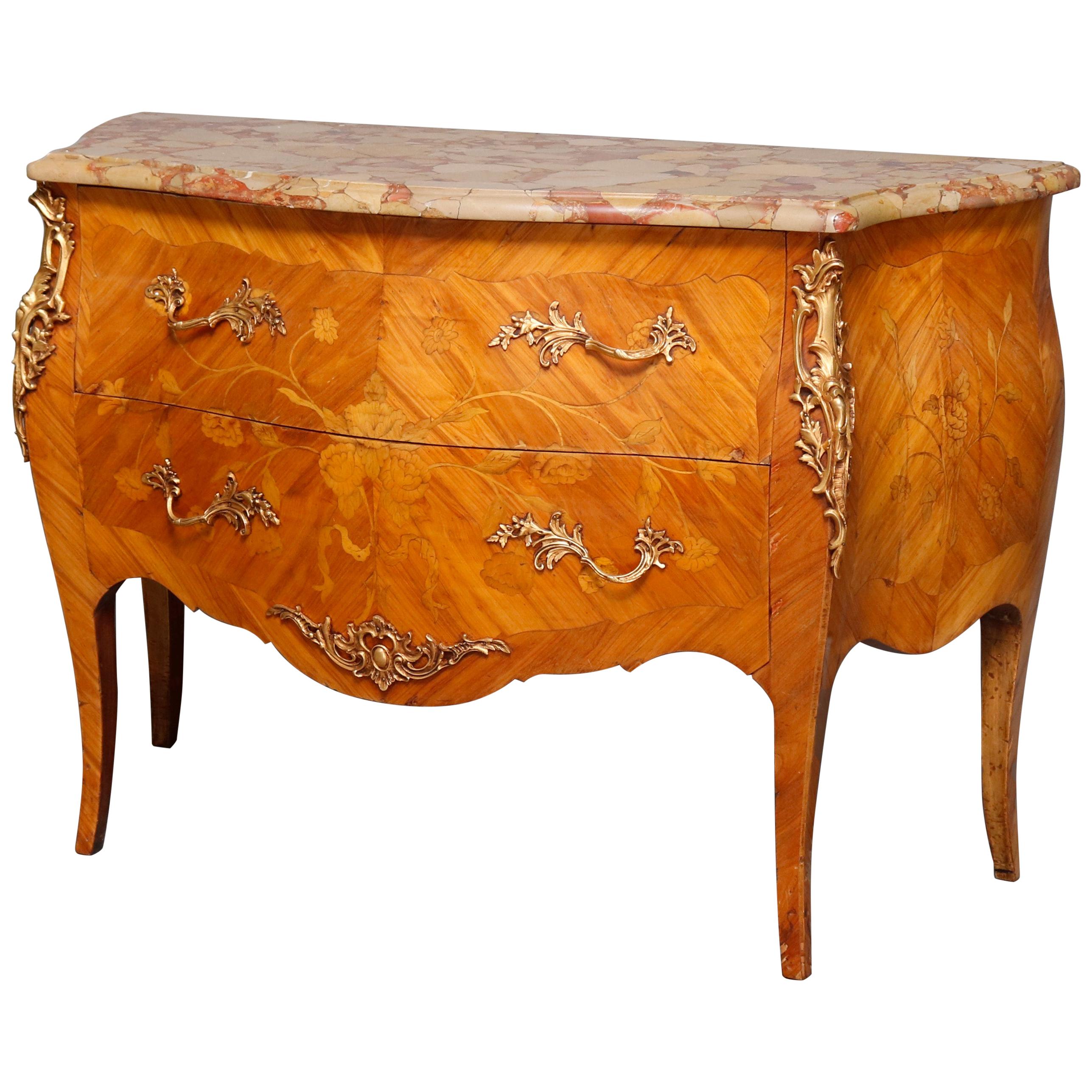 French Louis XV Inlaid Kingwood, Marble & Ormolu Bombe Commode, 20th Century