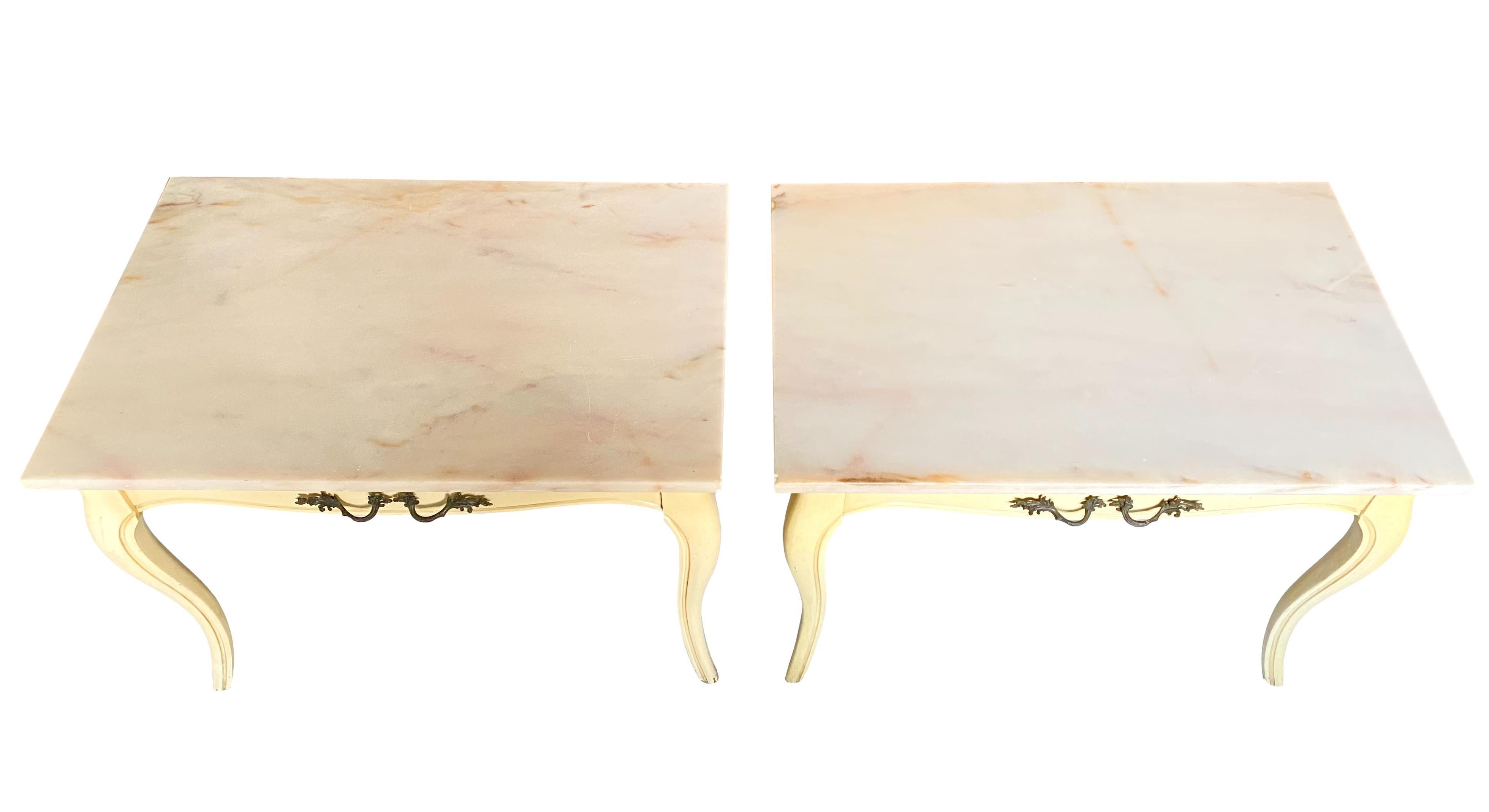Italian Vintage French Louis XV Marble Top Cream End Tables, a Pair