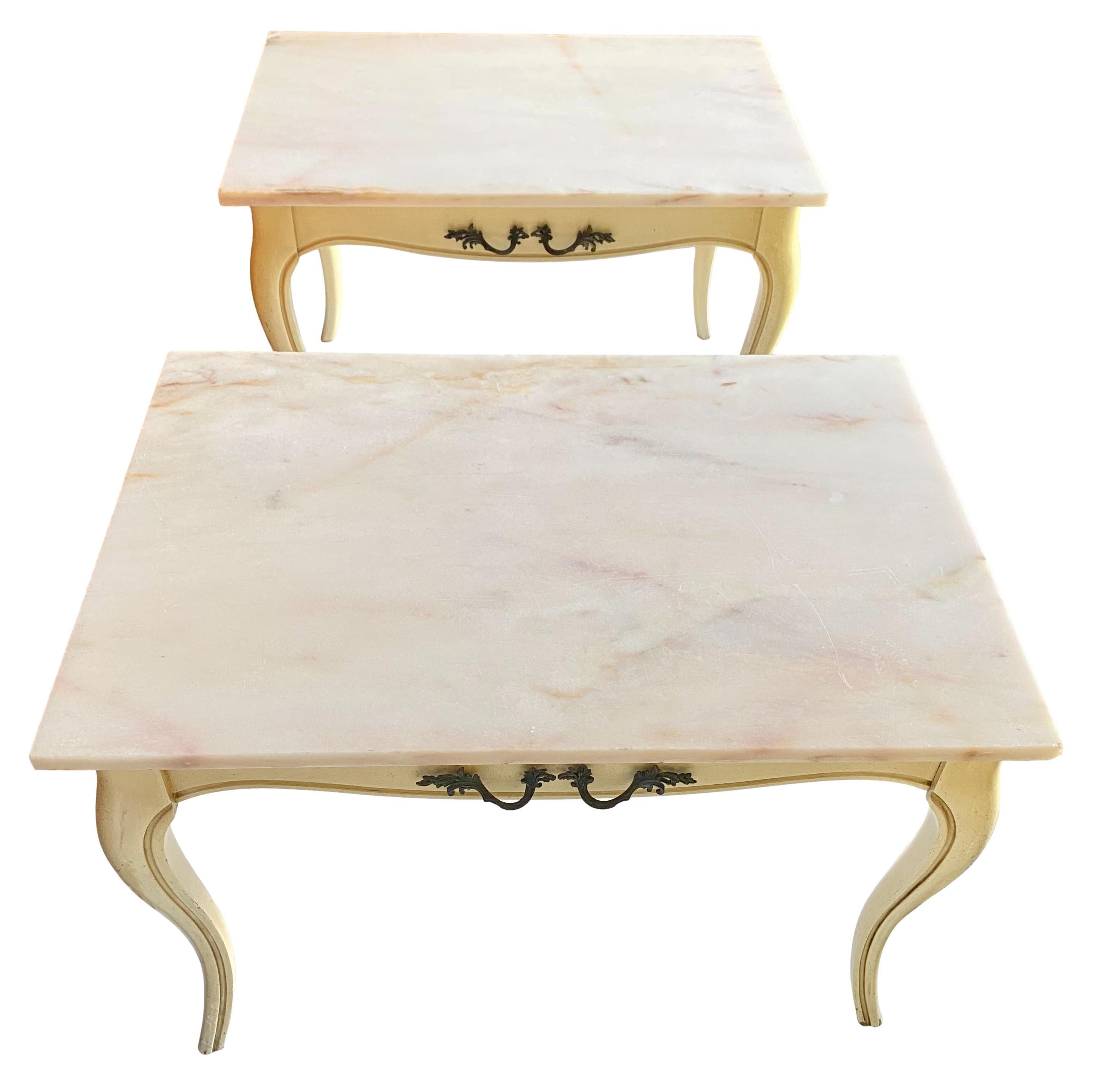 Carved Vintage French Louis XV Marble Top Cream End Tables, a Pair
