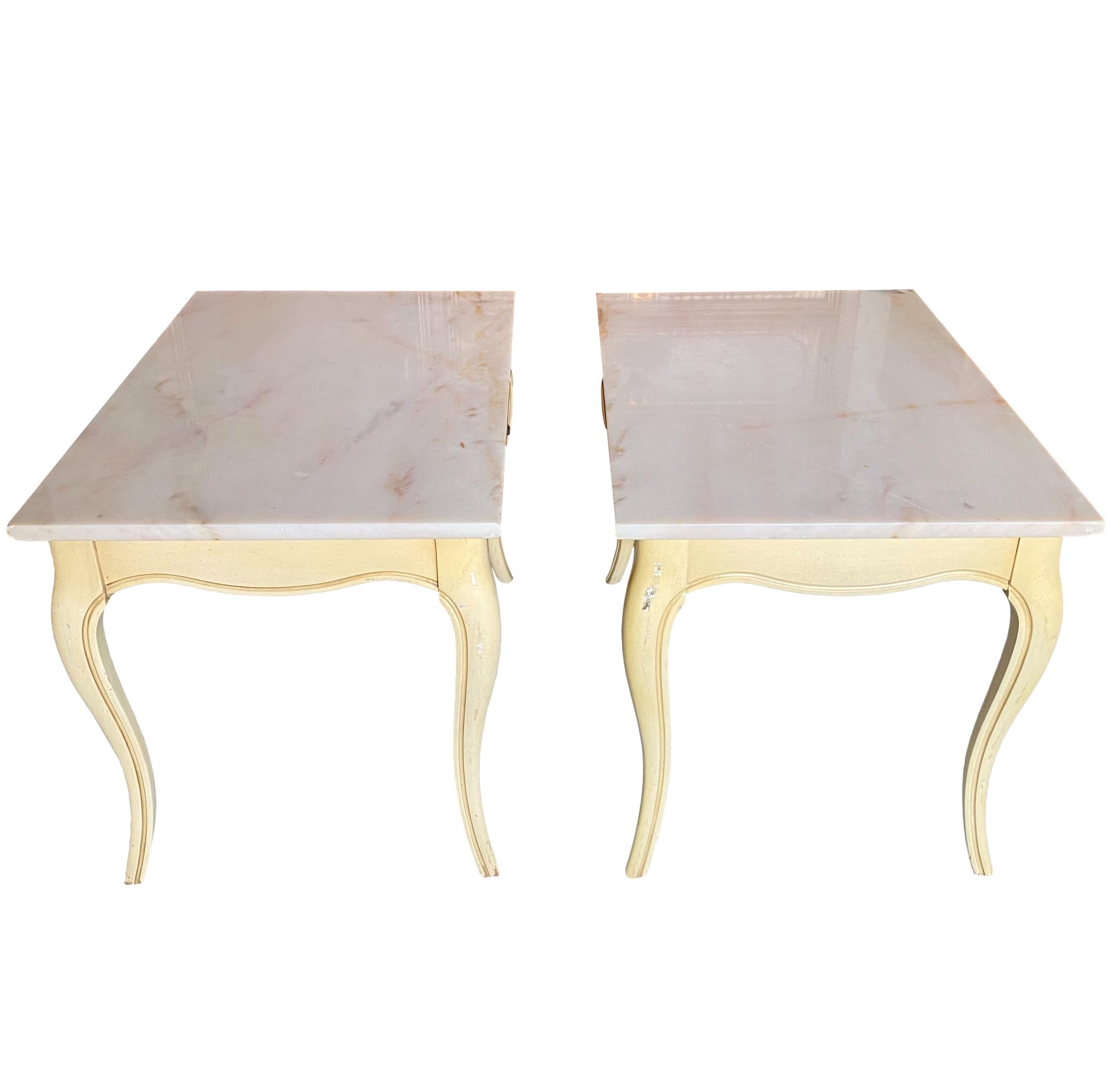 Bronze Vintage French Louis XV Marble Top Cream End Tables, a Pair