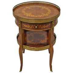 Vintage French Louis XV Marquetry Inlay Bronze Ormolu 1 Drawer Round Side Table