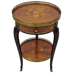 Vintage French Louis XV Marquetry Inlay Bronze Ormolu 1 Drawer Tripod Side Table