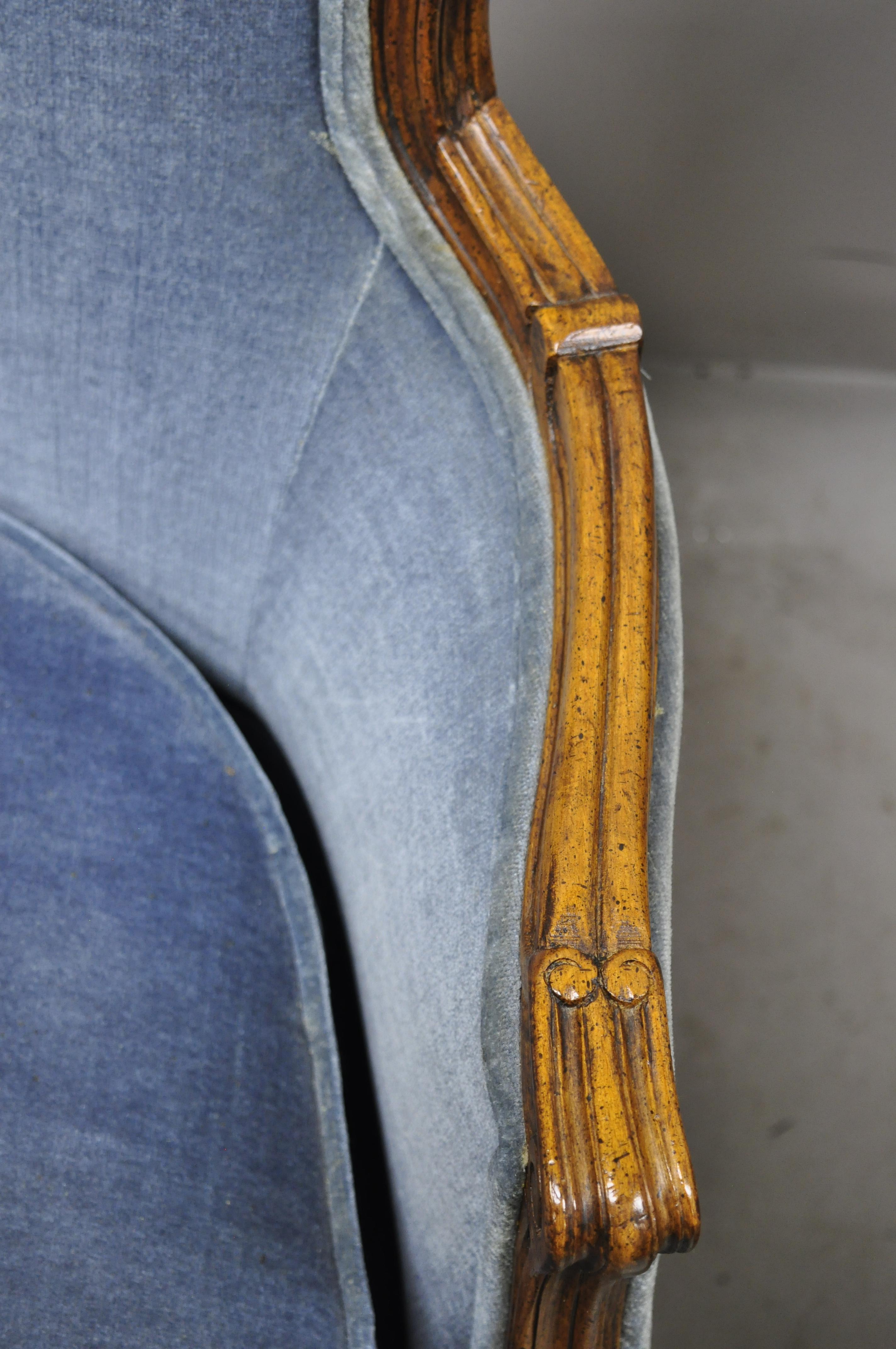 20th Century Vintage French Louis XV Provincial Blue Bergère Lounge Armchairs, a Pair