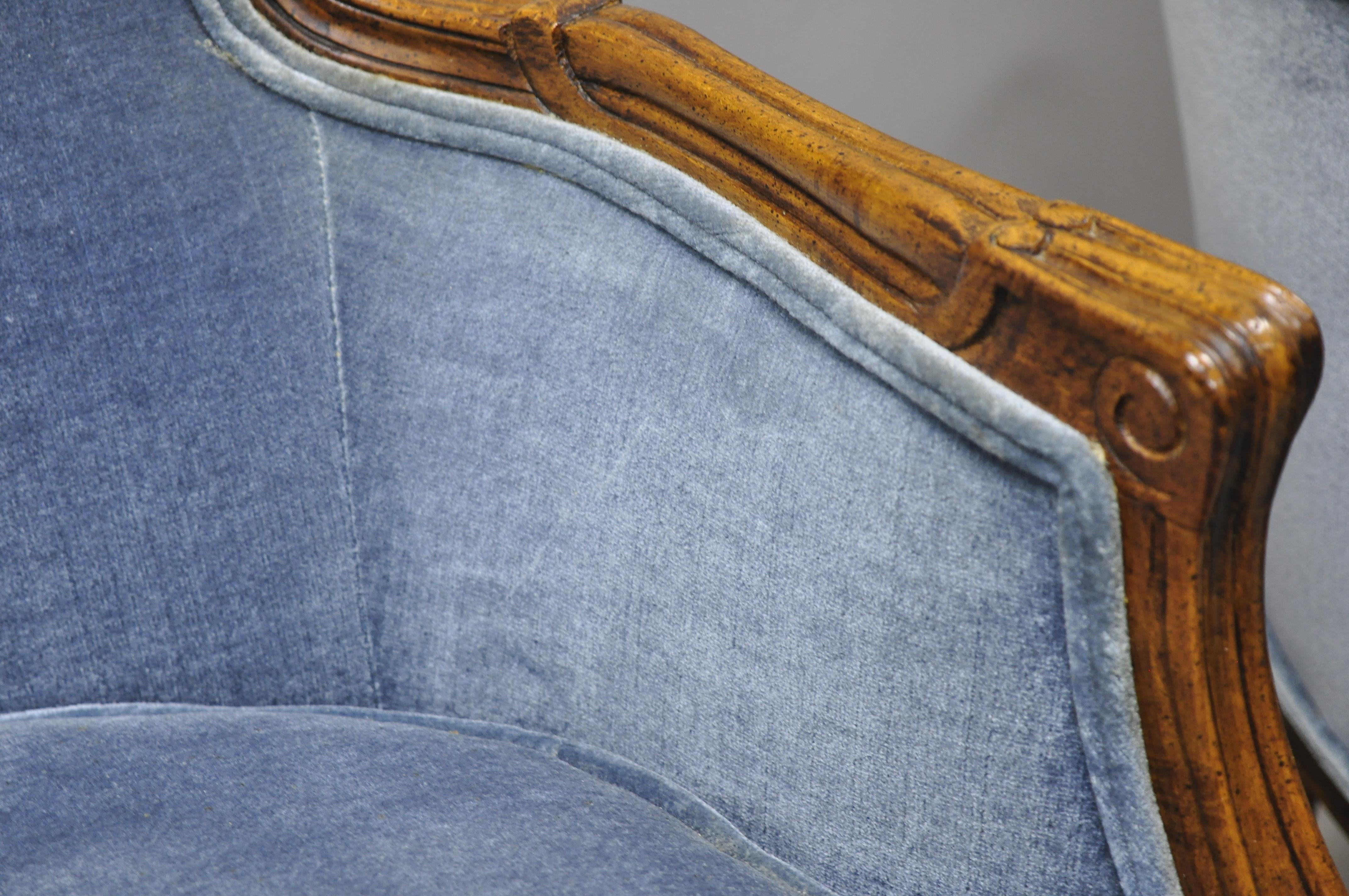 Fabric Vintage French Louis XV Provincial Blue Bergère Lounge Armchairs, a Pair